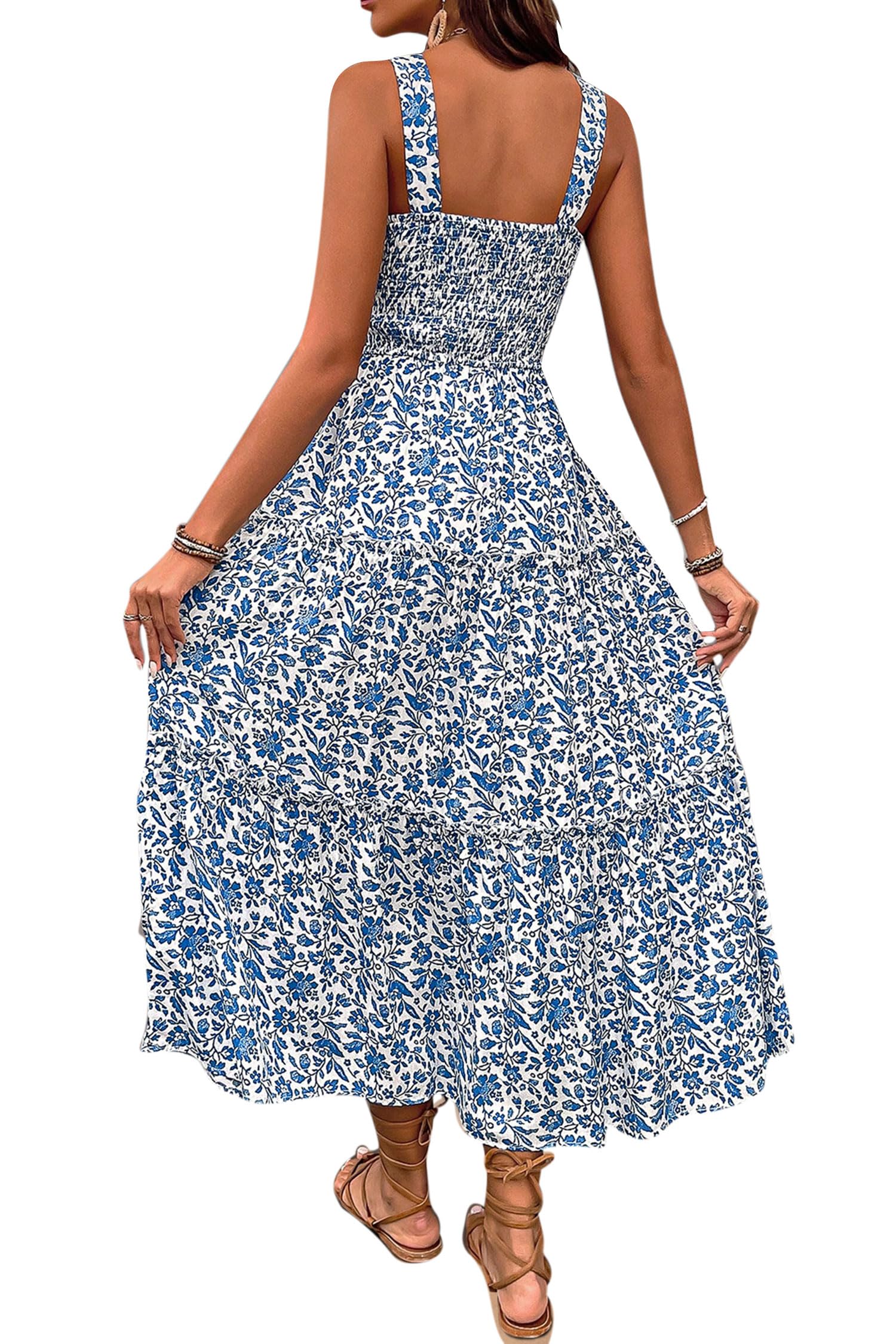 VEVESMUNDO Damen Sommerkleid Ärmelloses Spaghettiträger Quadratischer Ausschnitt Boho Blumen Lang Kleid Blumenkleid Strandkleid A Line Kleider