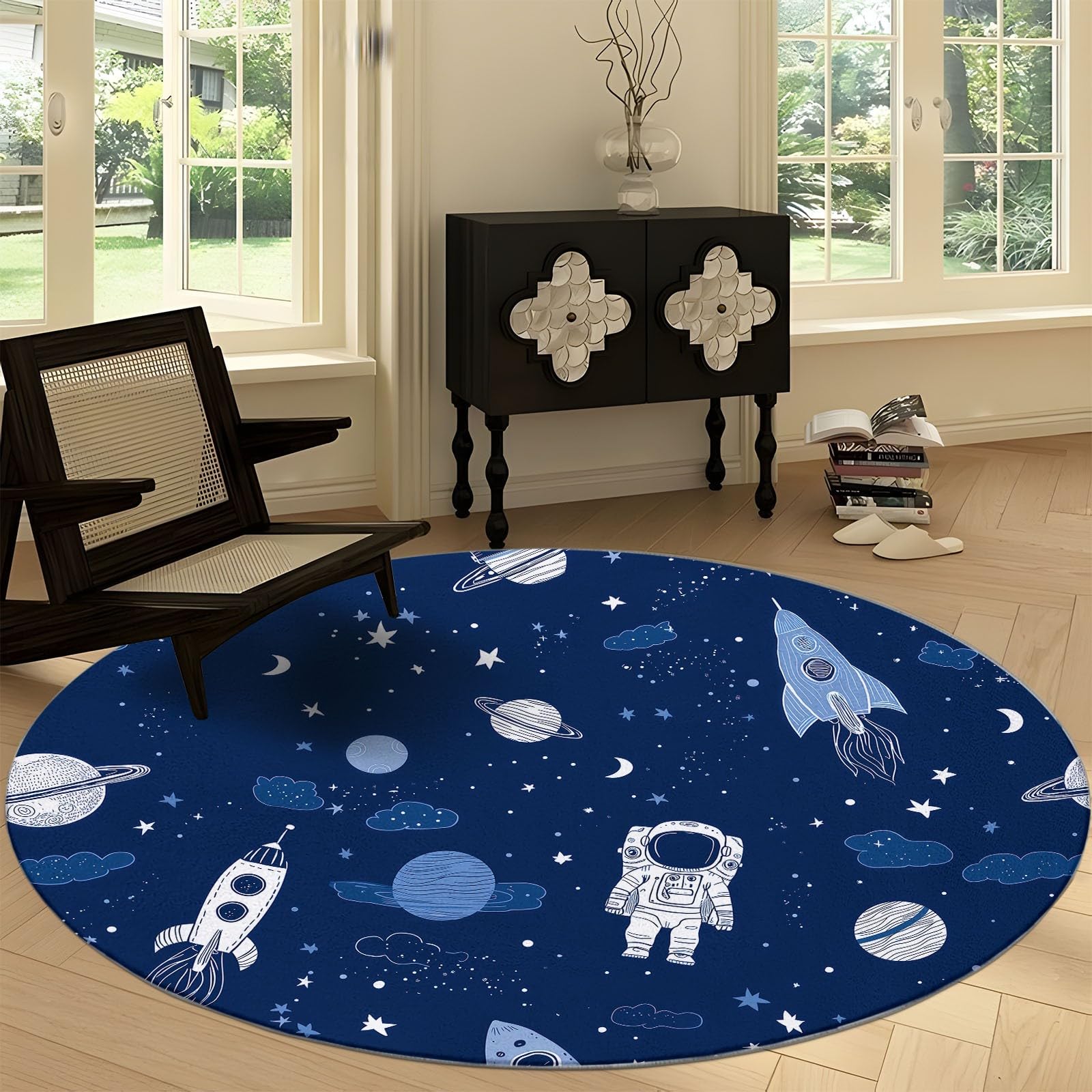 Tapis Rond Interieur 150 cm Dessin Animé Espace Fusée Astronaute, Tapis de Salon Lavable Bleu Marine - Moquette Moderne Doux Antidérapant pour Chambre à Coucher Canapé Chambre d'enfant Salle de Jeu