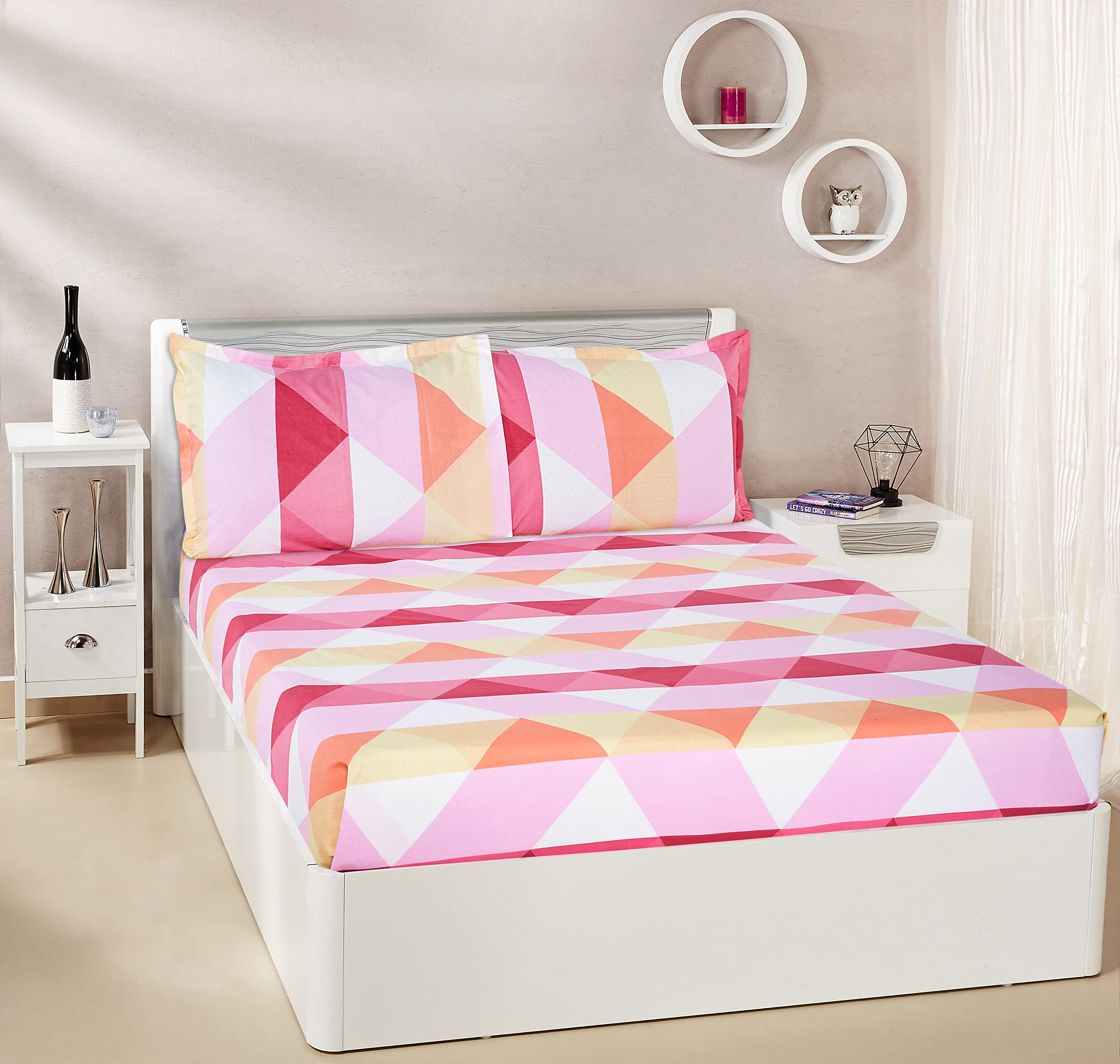 Amazon Brand - Solimo Bebop 120 TC 100% Cotton King Size Bedsheet with 2 Pillow Covers, Multi-Coloured)