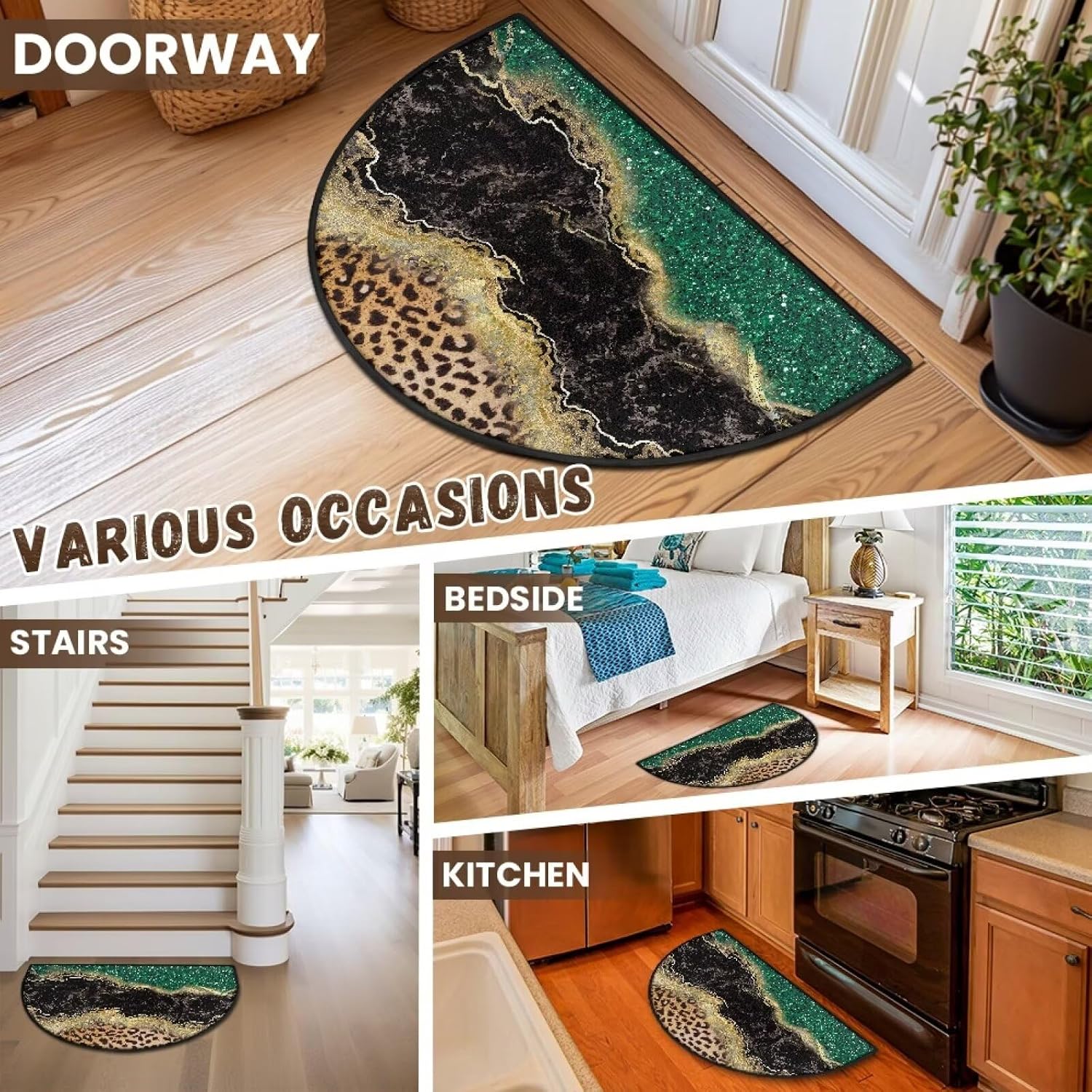 Half Round Door Mat, Leopard Print Black Green Marble Print Non-Slip Welcome Entrance Welcome Doormat for Home Decor