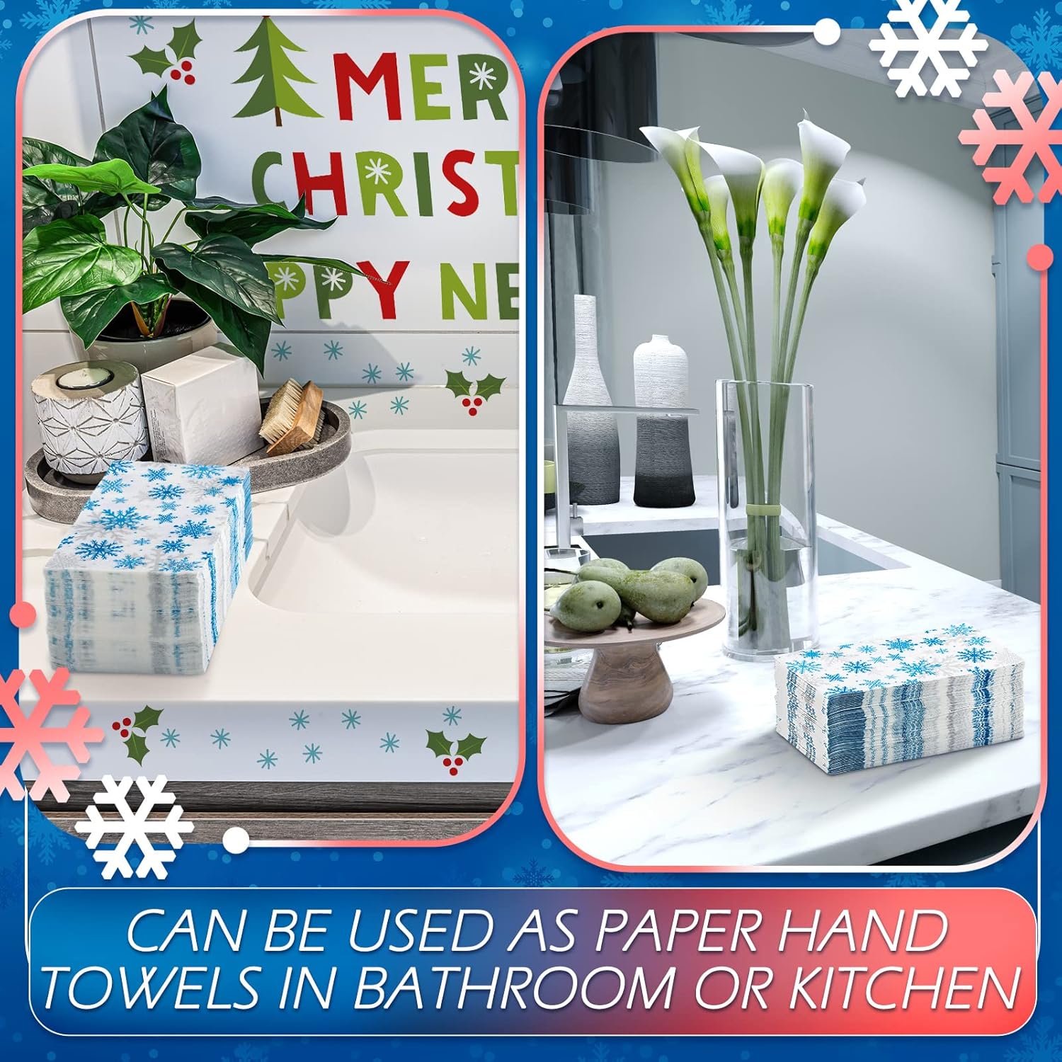 Hotop 200 Pack Snowflakes Christmas Disposable Napkins Christmas Holiday Disposable Paper Guest Hand Towels White Winter Napkins Decorative Table Napkin for New Year Wedding Dinner Party Supplies