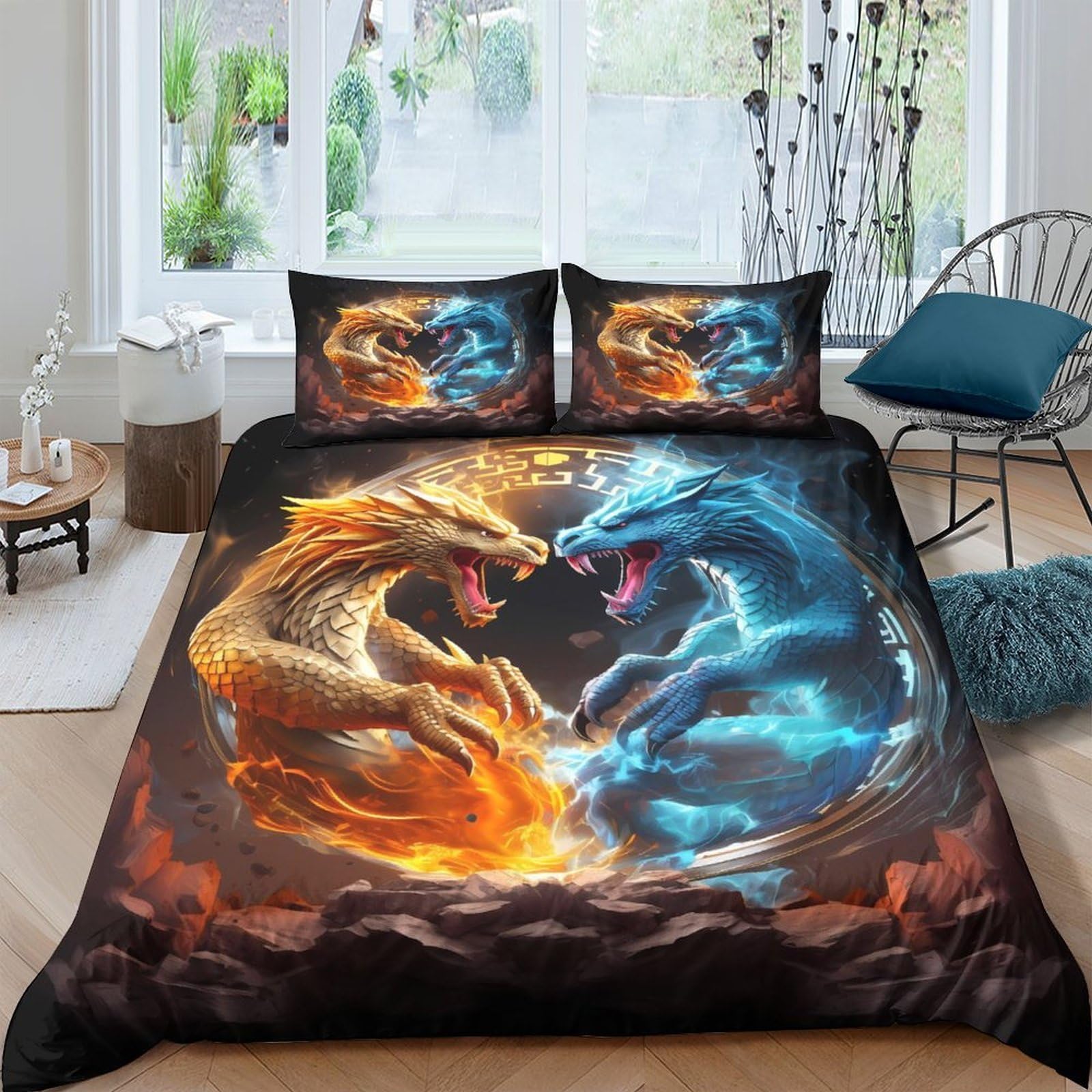 TUFRTGYHN 3D Printed Fire Dragon Duvet Cover Microfiber Soft Breathable Ice Dragon Bedding Set with 2 Pillowcases for Bedroom Home Decor Single（135x200cm）