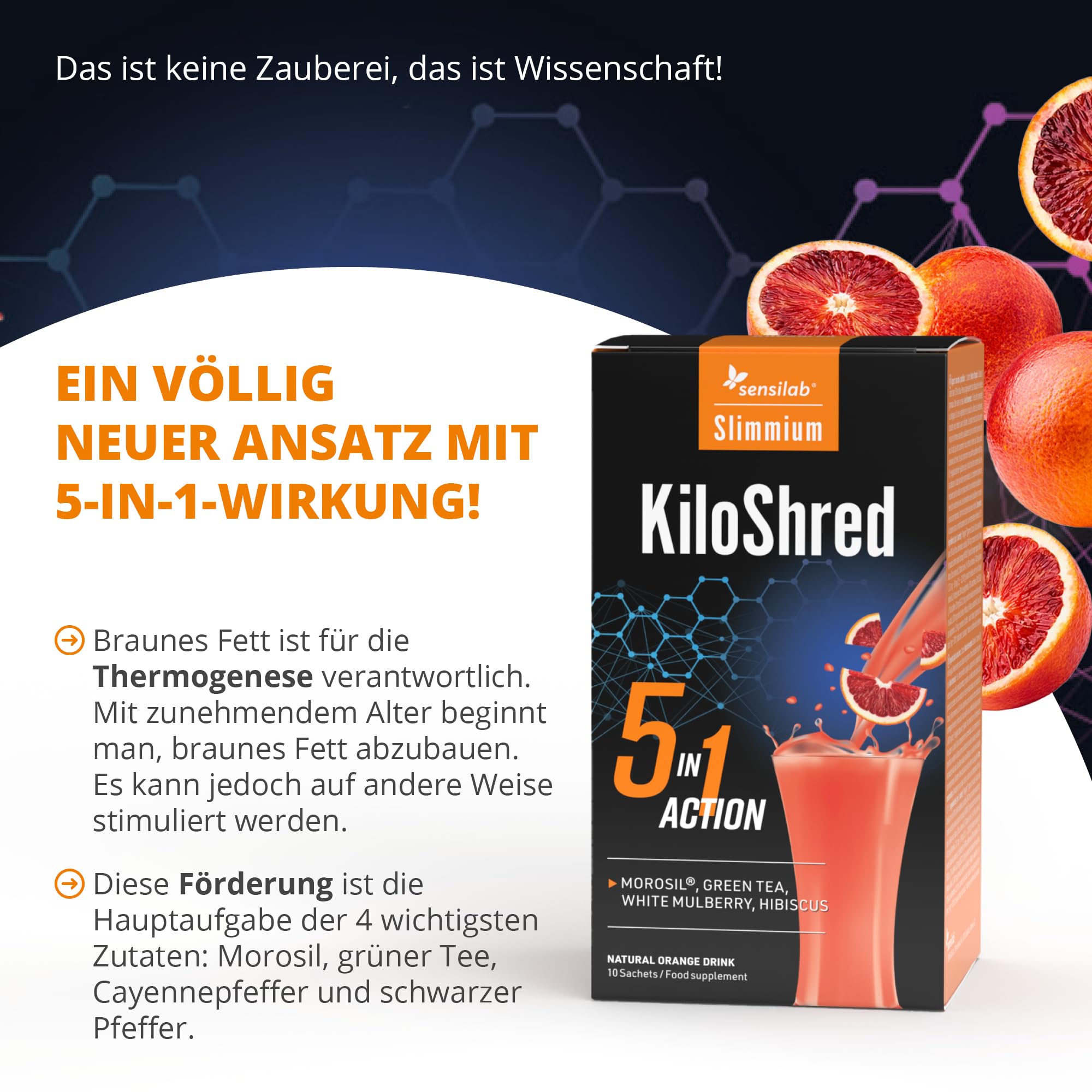 Sensilab Slimmium KiloShred 5-in-1 - Morosil, Grüner Tee, Weißer Maulbeerextrakt, Hibiskus, Vitamin C und Zink - 30 Beutel für 30 Tage - Abnehmeffekt - Glutenfrei, Vegan