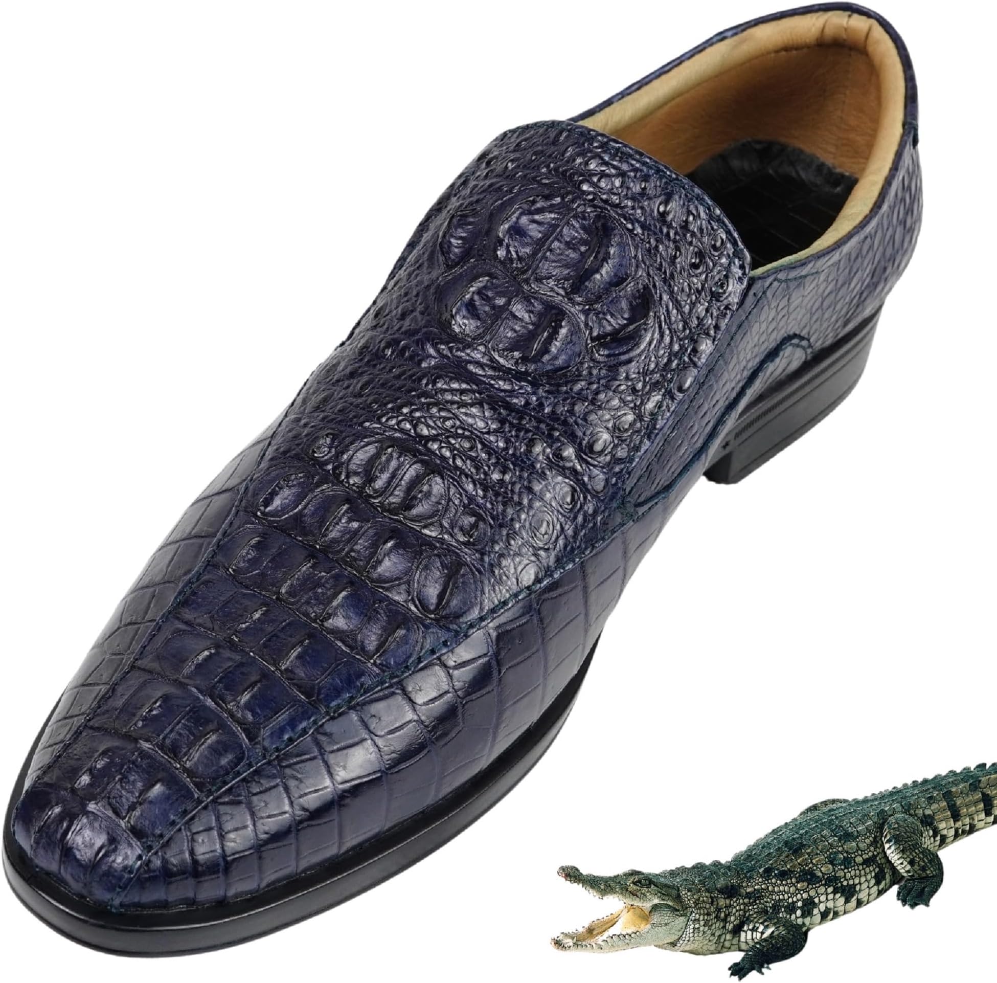 Navy Blue Alligator Leather Loafers, Men's Leather Shoes, Business Shoes, Crocodile Leather, Strapless, Casual, Men's Shoes, Stylish, Anti-Slip, Waterproof, Luxury