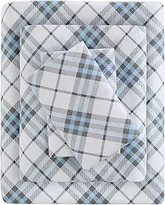 True North by Sleep Philosophy Cozy Flannel Warm 100% Cotton Sheet - Novelty Print Animals Stars Cute Ultra Soft Cold Weather Bedding Set, Cal King, Blue Plaid 4 Piece