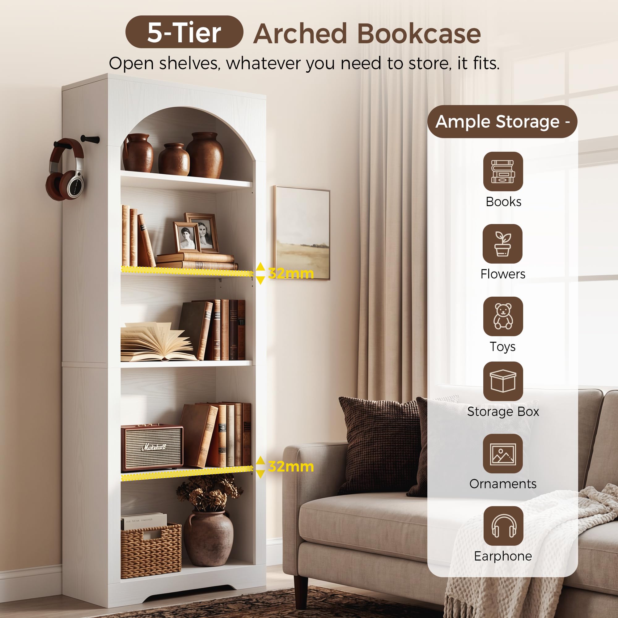 IRONCK Bücherregal, 5 Ebenen Standregal, 180 cm Hoch Rundbogen Bücherregal mit 2 Haken, Offenes Aufbewahrungsregal, Modern Design Wandregal für Wohnzimmer, Büro & Arbeitszimmer