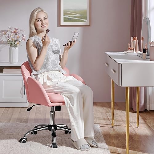 Miniatura 2 de Yaheetech Silla de escritorio con diseño de pétalos, silla giratoria de piel tapizada, silla de tocador de maquillaje con reposabrazos para