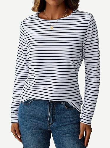 Miniatura 5 de LilyCoco Camisa de manga larga a rayas para mujer, cuello barco, camiseta de ajuste holgado Breton
