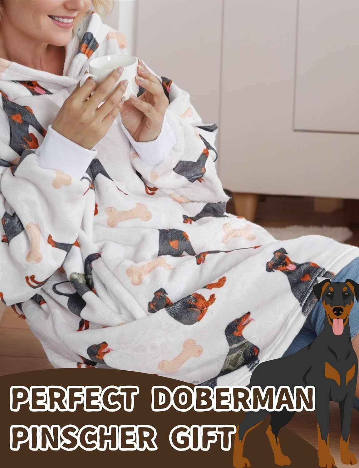 Doberman Pinscher Gifts for Women Men, Blanket Hoodie Gifts for Dog Mom Dog Dad on Birthday, Christmas, One Size - Full Printed Grey - Image 6