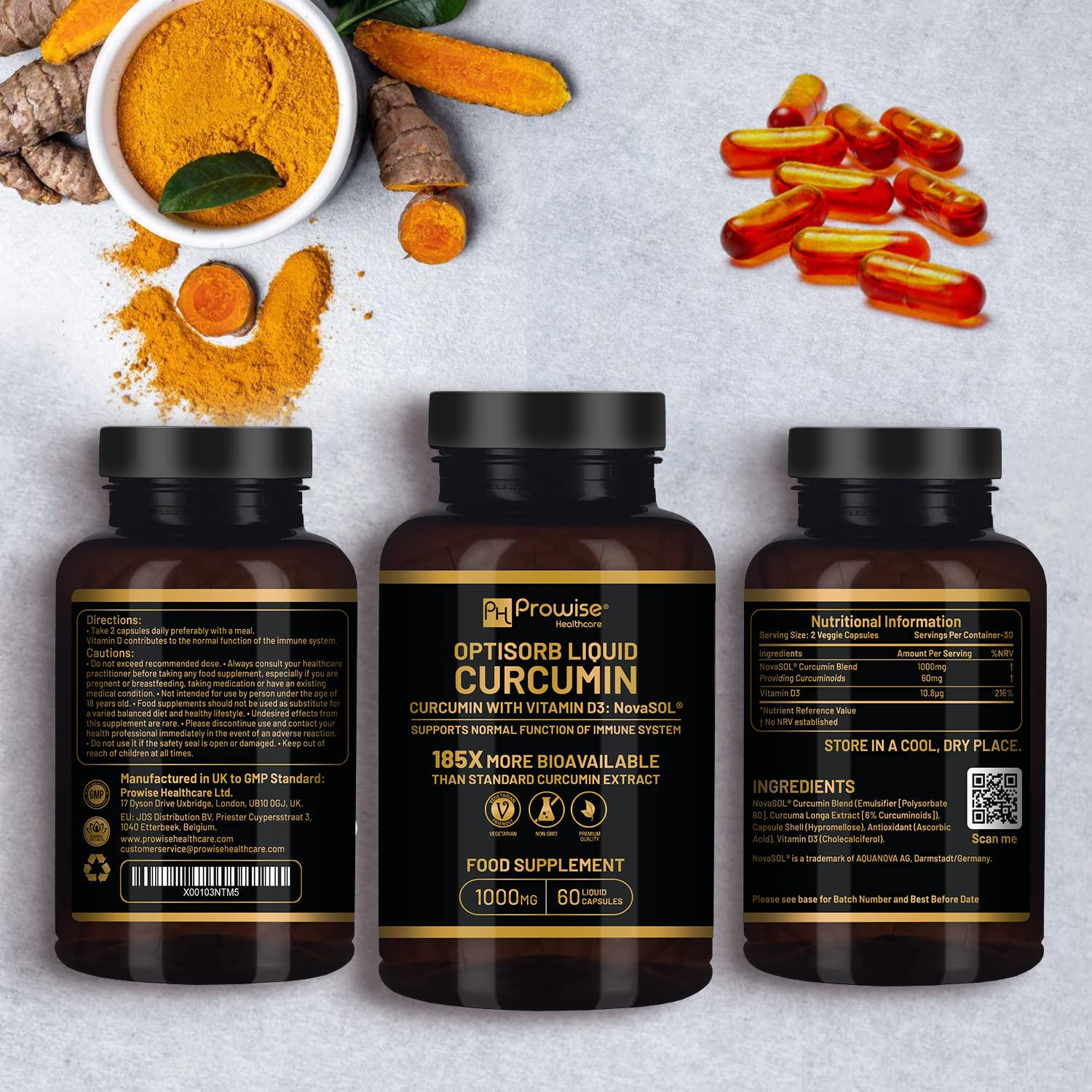 Optisorb flüssiges Curcumin mit Vitamin D – 60 Liqcaps | 185x Bioverfügbarkeit von Kurkuma und Curcumin – Ultra bioverfügbar | Flüssige Kapseln mit 1000 mg NovaSOL Tagesdosis