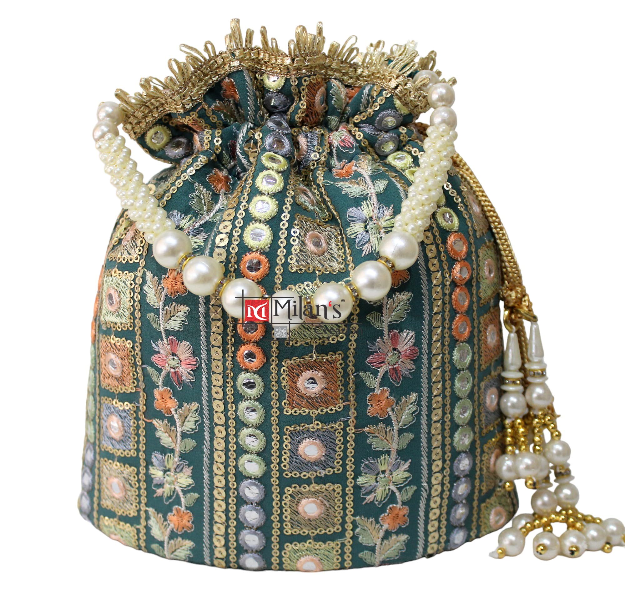 MILANS CREATION MultiColor Embroidery Potli Bag With Pearl Handle & Tassel Wedding Trendy Purse Women’s Handbag (Rama Color) (B0CXYNLD4P) Amazon Price History, Amazon Price Tracker