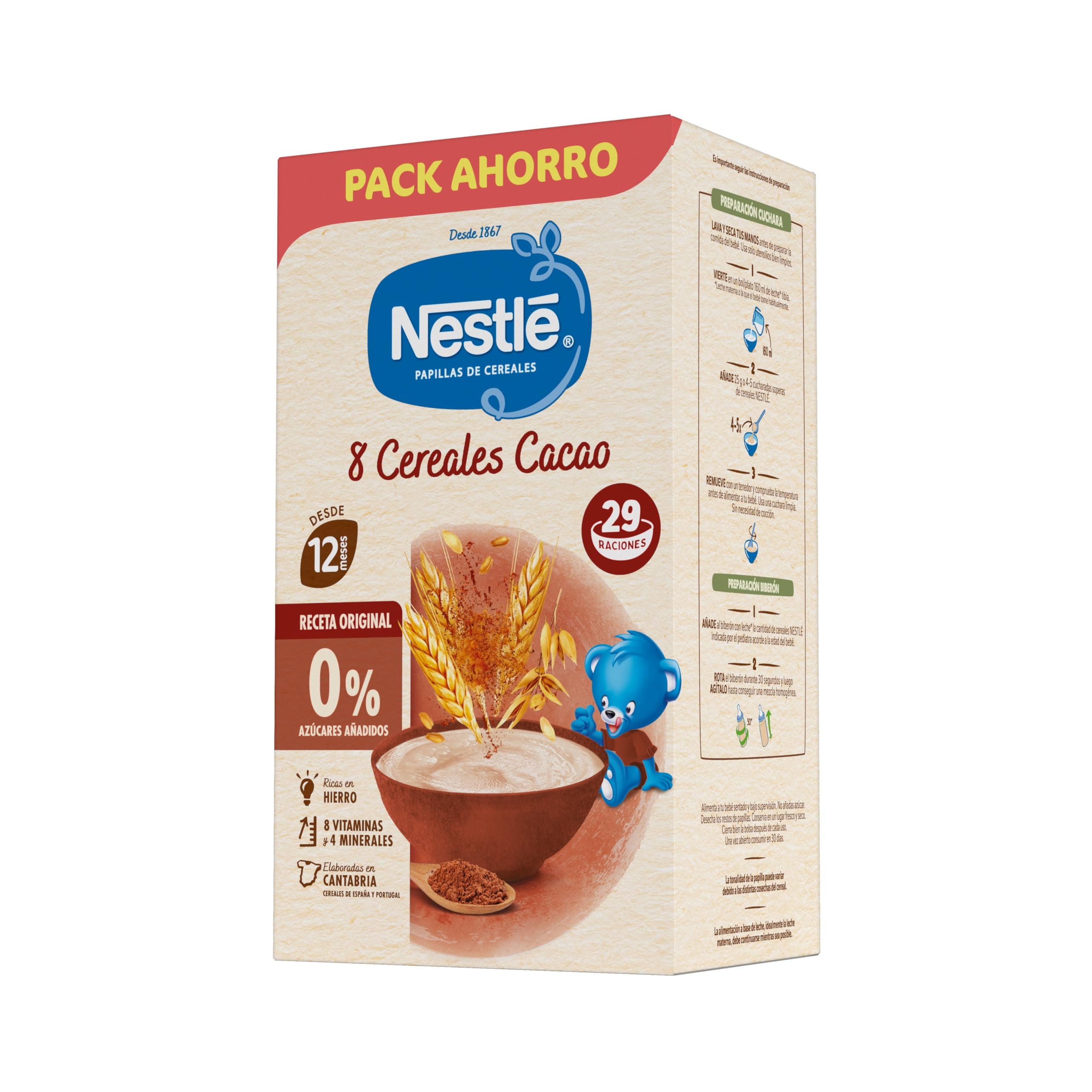 Nestlé Papilla 8 Cereales con Cacao, sin azúcares añadidos, a partir de los 12 meses, 725 g