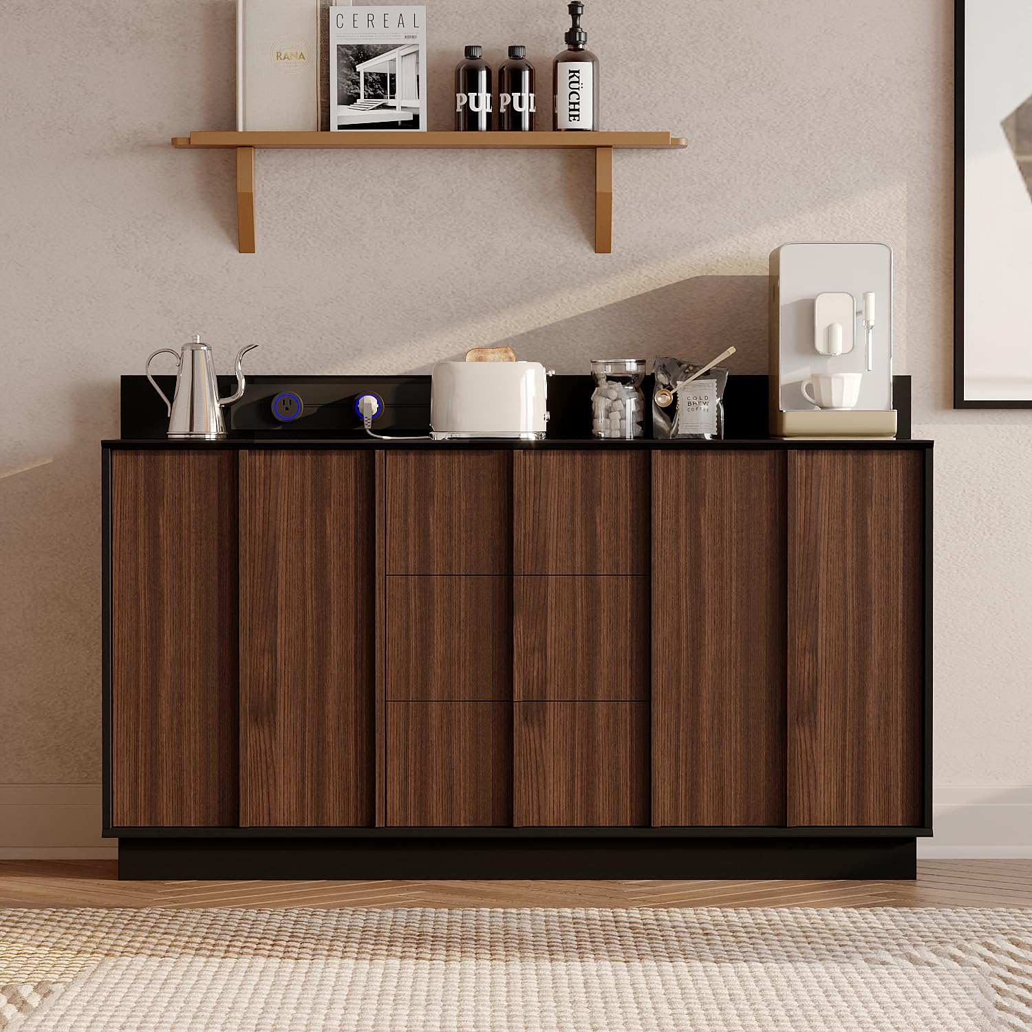 Caldion Buffet avec prise portable, armoire de cuisine avec 2 portes et 3 tiroirs, commode pour salon, armoire de cuisine, buffet avec tiroirs, 140 x 38,9 x 80 cm, marron foncé et noir
