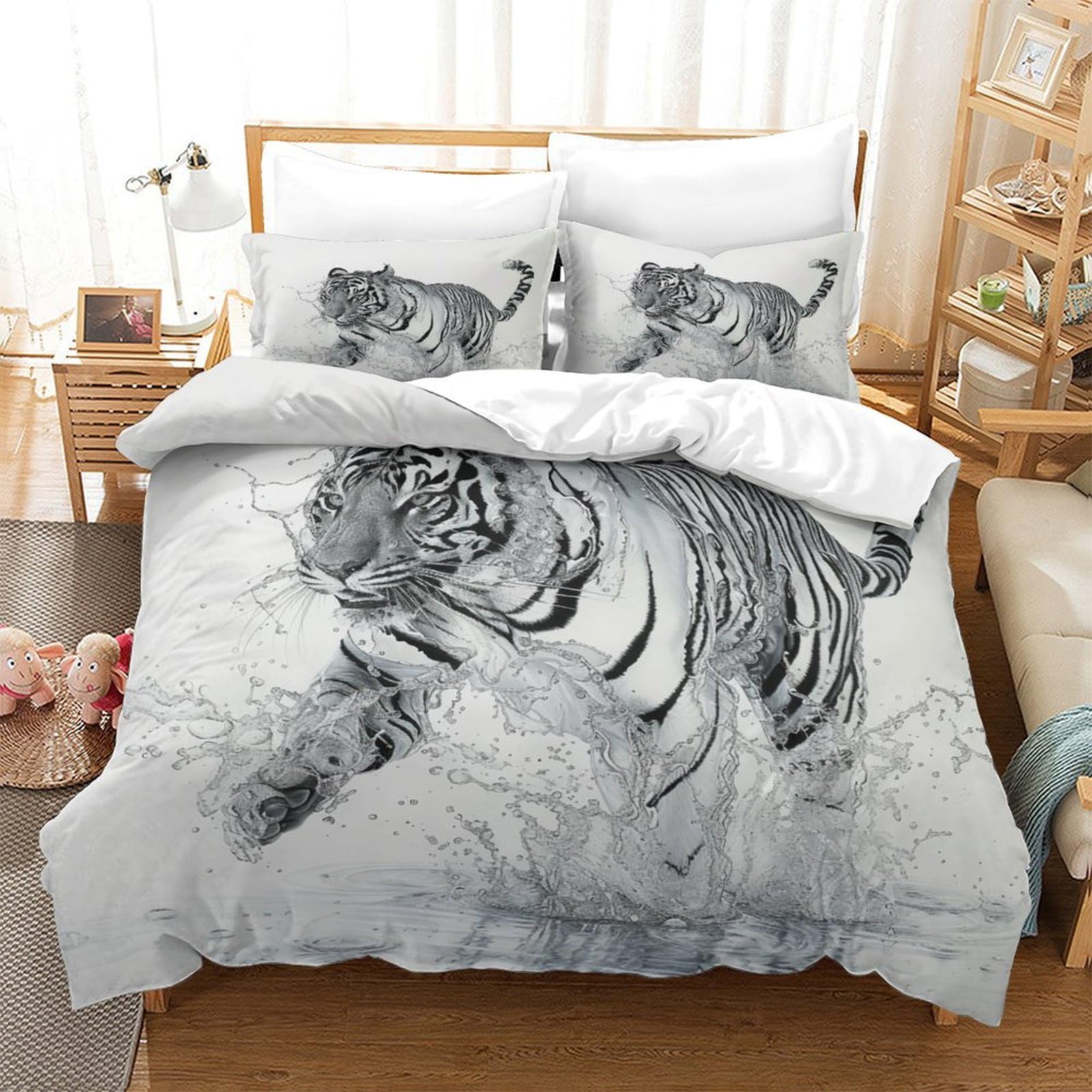 Housses de couettes 140x200 lit 3 pièces microfibre tigre 3D