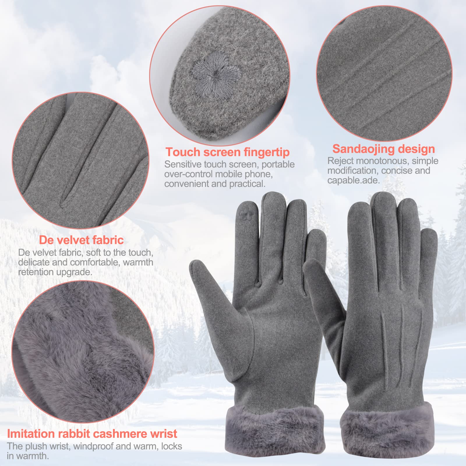 Guantes de Invierno Mujer, Guantes para Pantalla Táctil, Guantes Cálidos para Deportes al Aaire Libre, Guantes Prueba de Viento con Forro Polar para Conducción Esquí Ciclismo Camping (Gris)