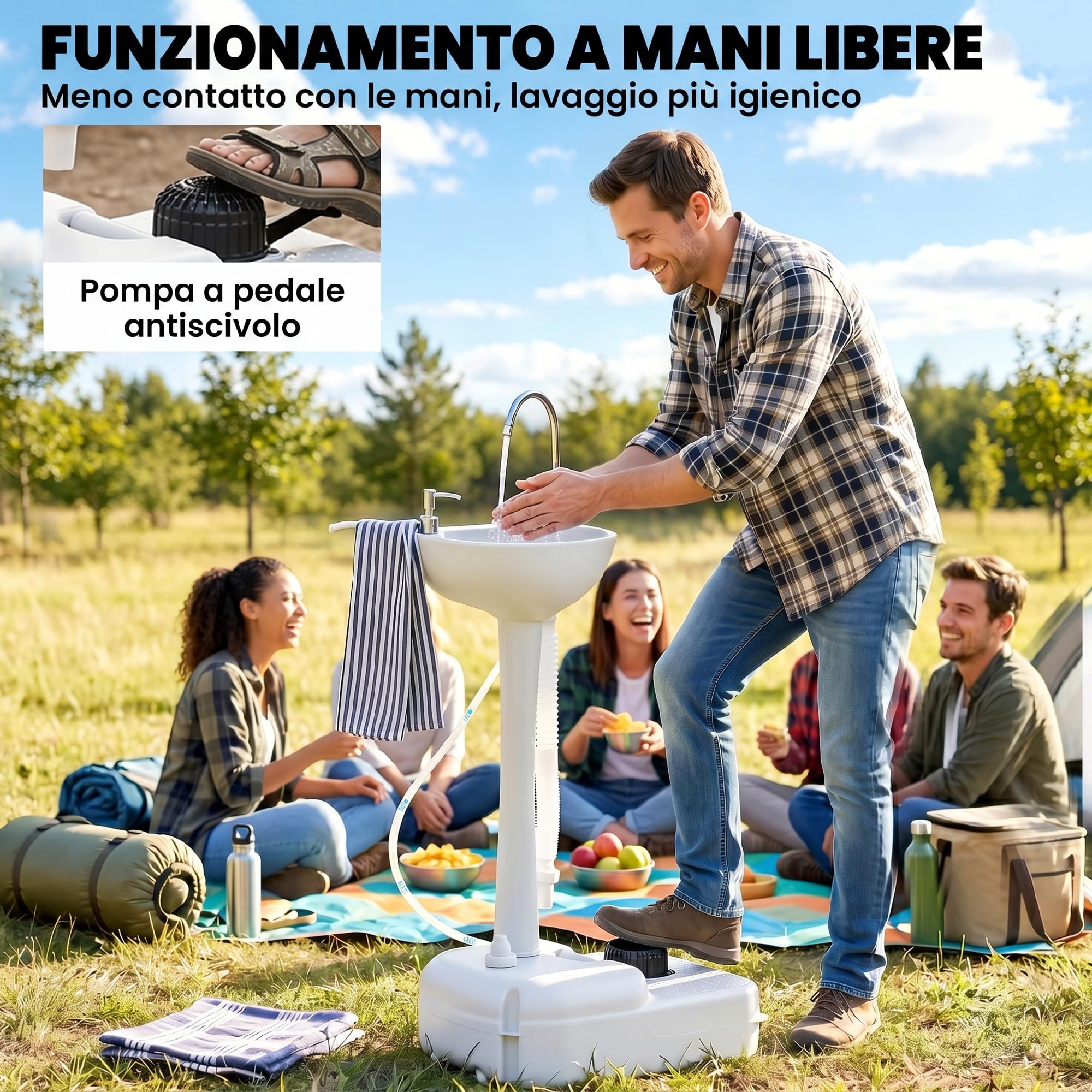 Outsunny Lavabo Portatile da Campeggio con 2 Ruote, Maniglia, Serbatoio Acqua 17L e Serbatoio Sapone 3.5L, 51x33.5x103cm