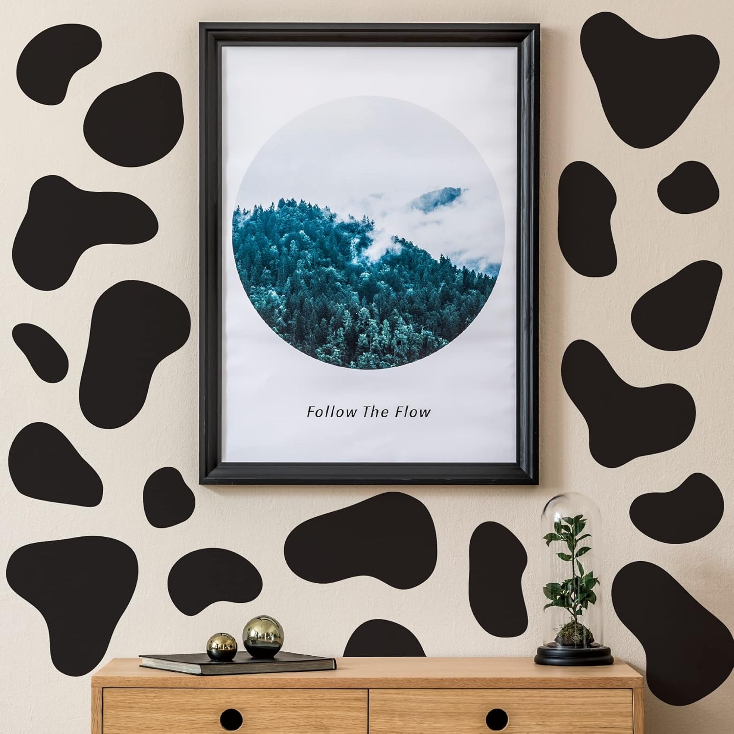 Large Black Vinyl Cow Print Wall Decals, Peel and Stick Modern Cow Spot Wall Stickers for Bathroom Bedroom Living Room Home Wall Decor