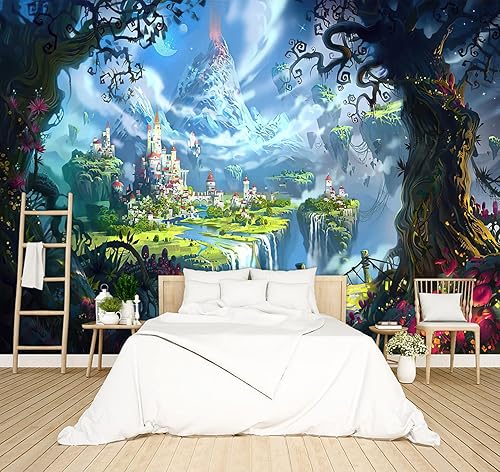 Fondo de pantalla de bosque encantado en 3D con diseño de castillo de ensueño, para habitación de niños, murales de cascada para niños y niñas,
