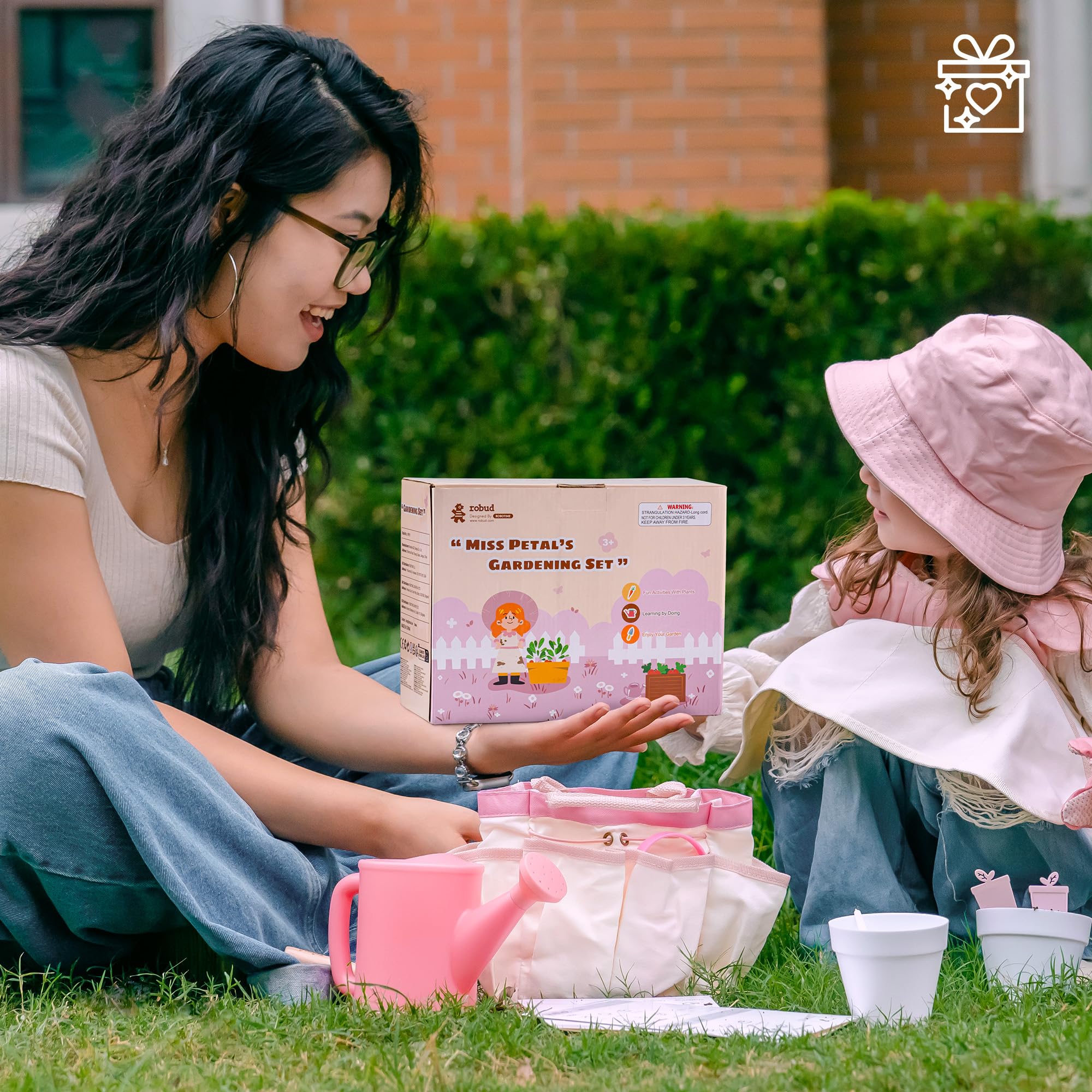 ROBUD Ensemble d'outils de jardinage pour enfants, 17 pièces avec arrosoir, fourchette et pelle, pelle cylindrique, gants de jardinage, tablier, chapeau, sac fourre-tout, jouets d'extérieur pour