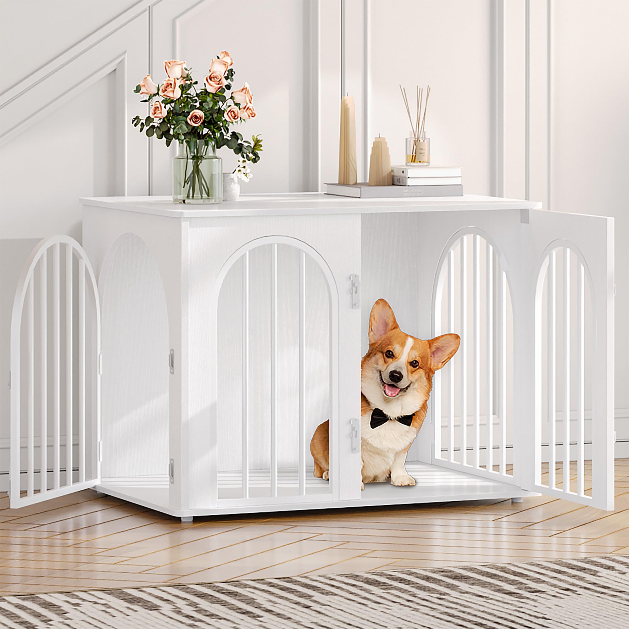 Hzuaneri Hundekäfig Möbel, 80cm Hundebox für Zuhause, 3 Türen, Bogentür, Moderne Hundebox Indoor für Hunde, Beistelltisch, Hundekäfig Hochbelastbar, 80 x 56 x 61 cm, Weiß DFC85113W