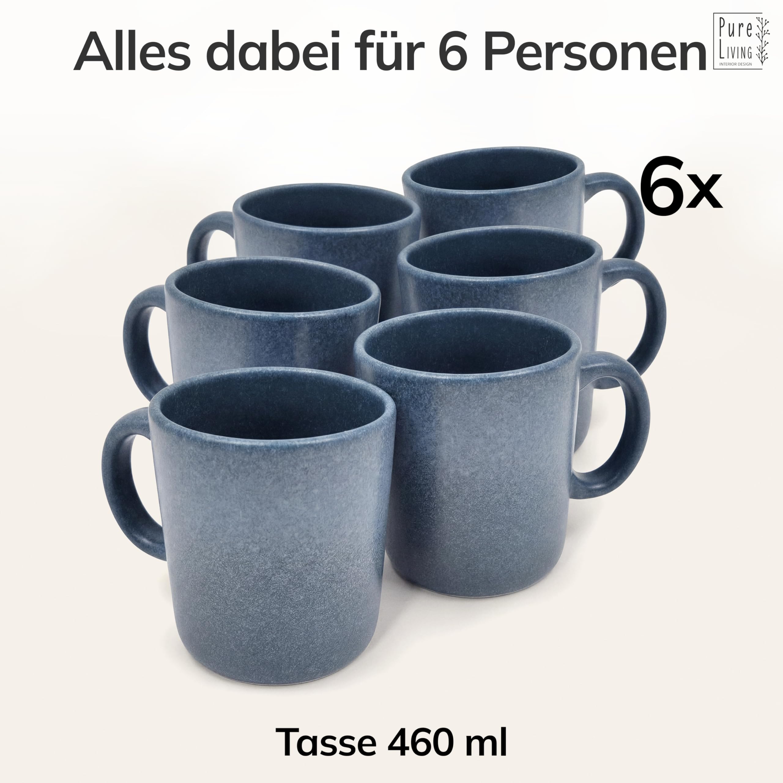 Steingut Kaffeetassen 6 Pers. Hochwertiges Urban Style TEST SEHR GUT Tassen Set, Spülmaschinen-, Mikrowellen- und Kratzfest- Stylisches Tee- und Kaffeebecher Set- Pure Living in matt Blau