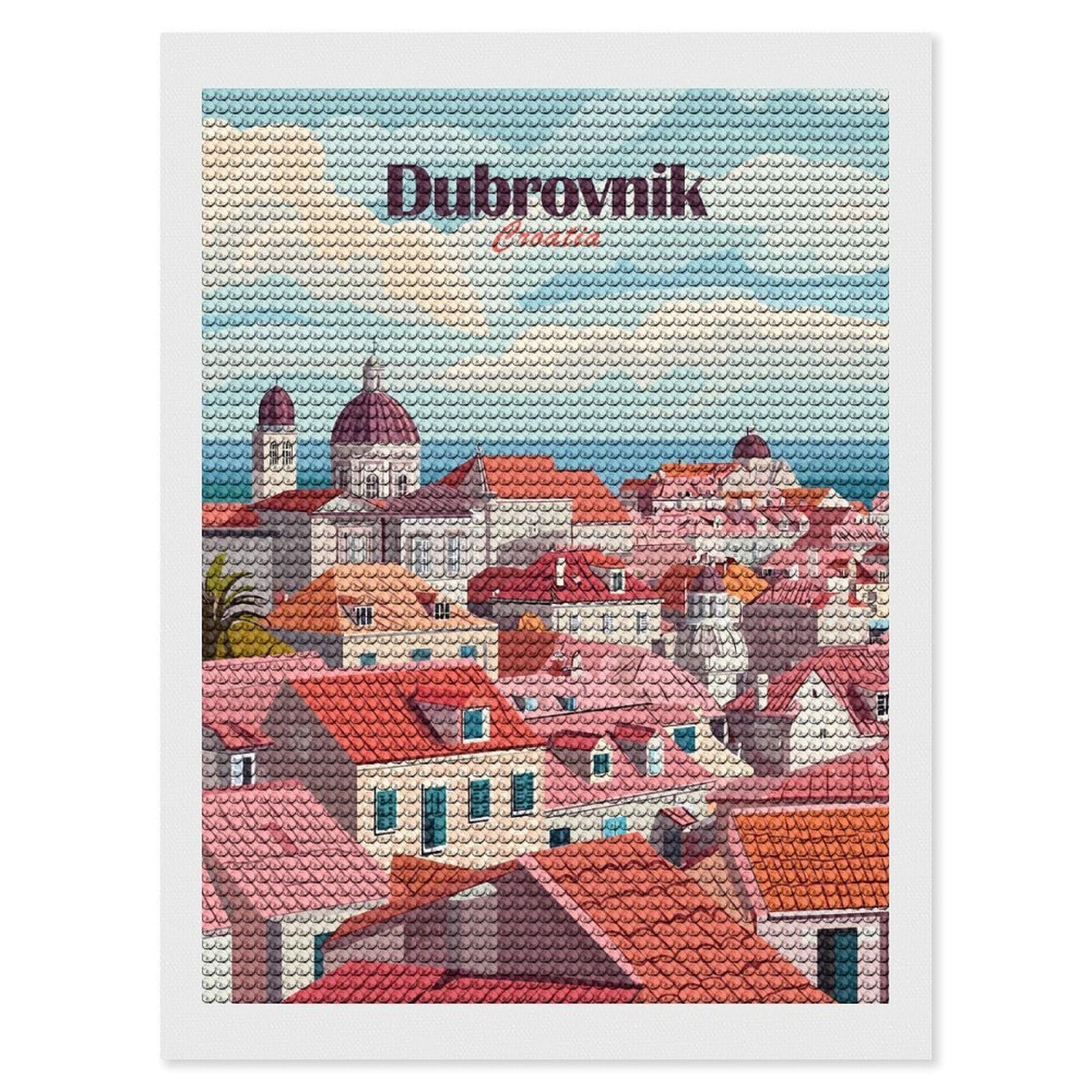 Junmoney Dubrovnik Croatia Cityscape Illustration Diamond Painting Set 12"x16", Holiday Gift Idea, for Creative Relaxation, Fun Craft Experience, Vintage Style Decor