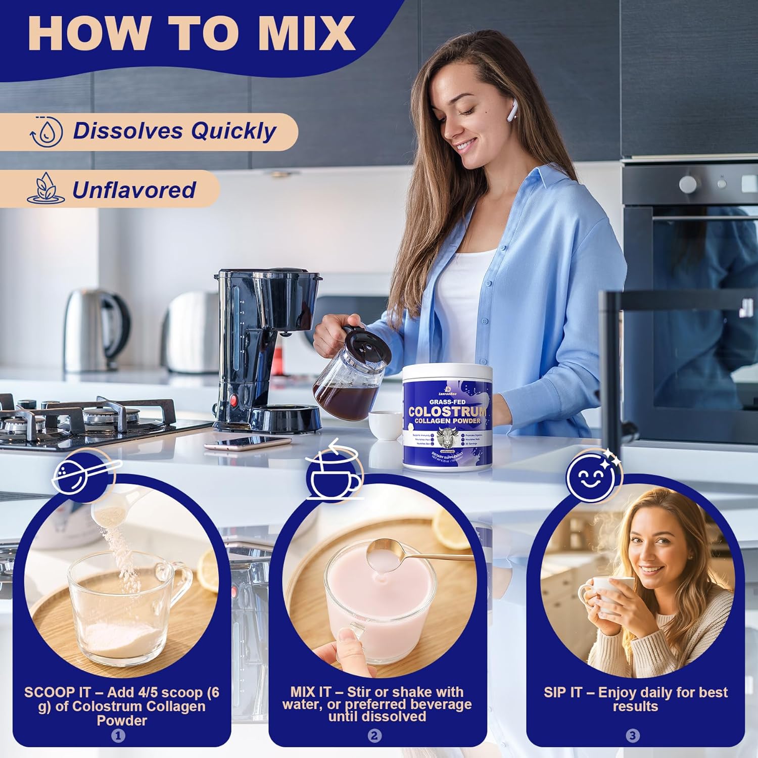 Grass-Fed Bovine Colostrum Collagen Powder for Women & Men, Hydrolyzed Collagen Peptides Powder with Probiotics | Gut Health, Immune Support, Hair, Skin, Nail, & Joint Support Supplement - Sugar Free - Image 8