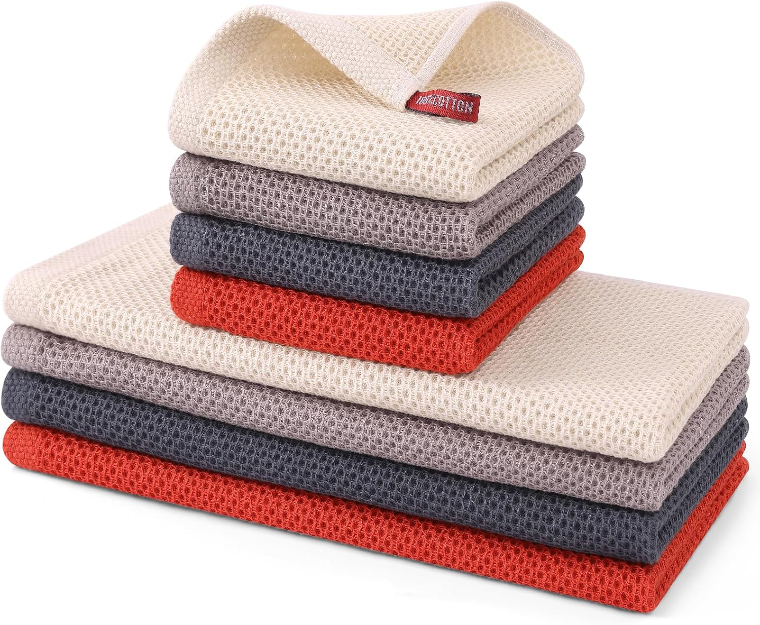 Kitinjoy 100% Cotton Kitchen Towels and Dishcloths Set, 8 Pack-13" x 28" and 12" x 12" Waffle Weave Dish Towels, Ultra Soft Absorbent Quick Drying Dish Rags, Multicolor