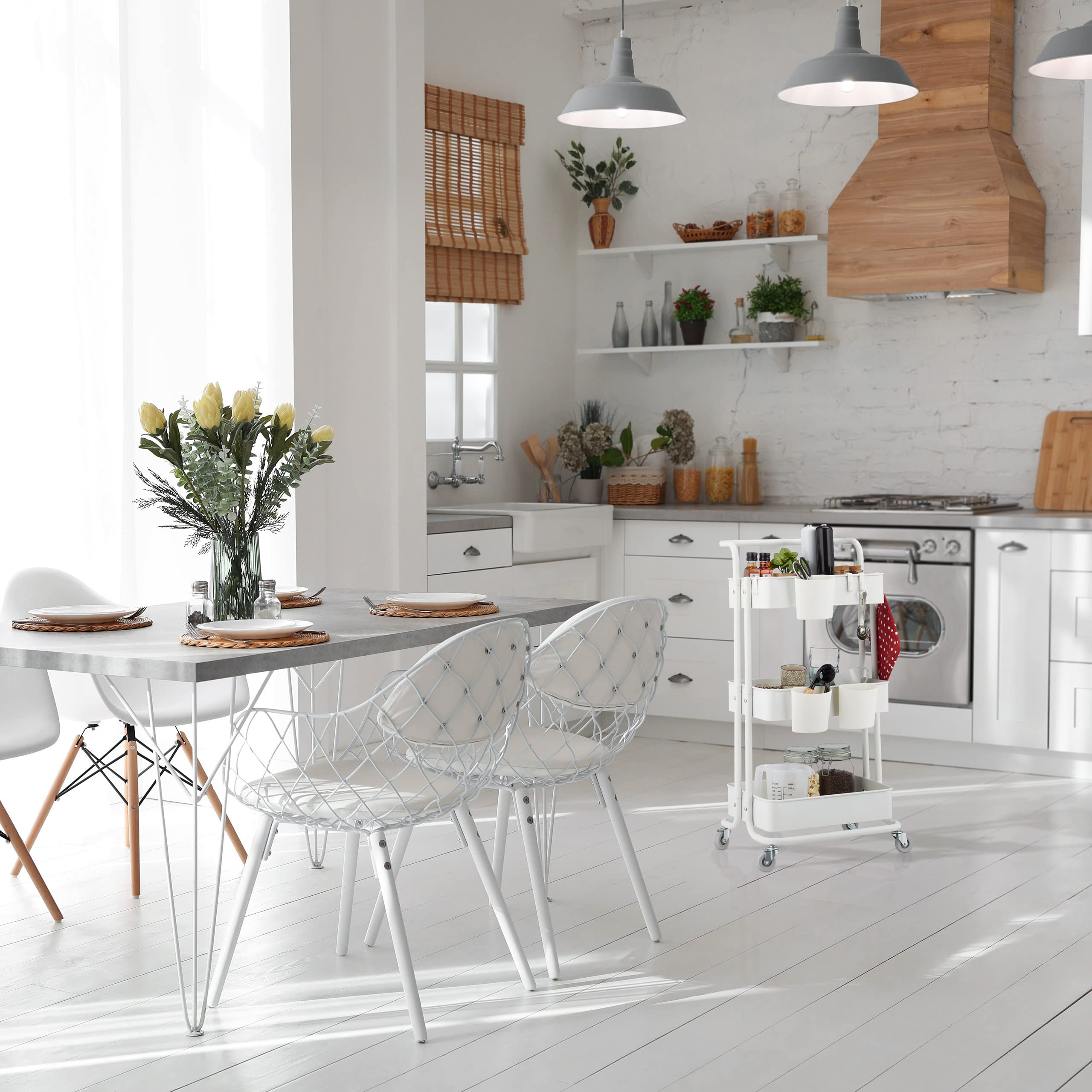 Relaxdays Carrito Auxiliar, 3 Niveles, 2 Frenos, Multiusos para Cocina y Oficina, Camarera 86x38x39 cm, Metal, Blanco