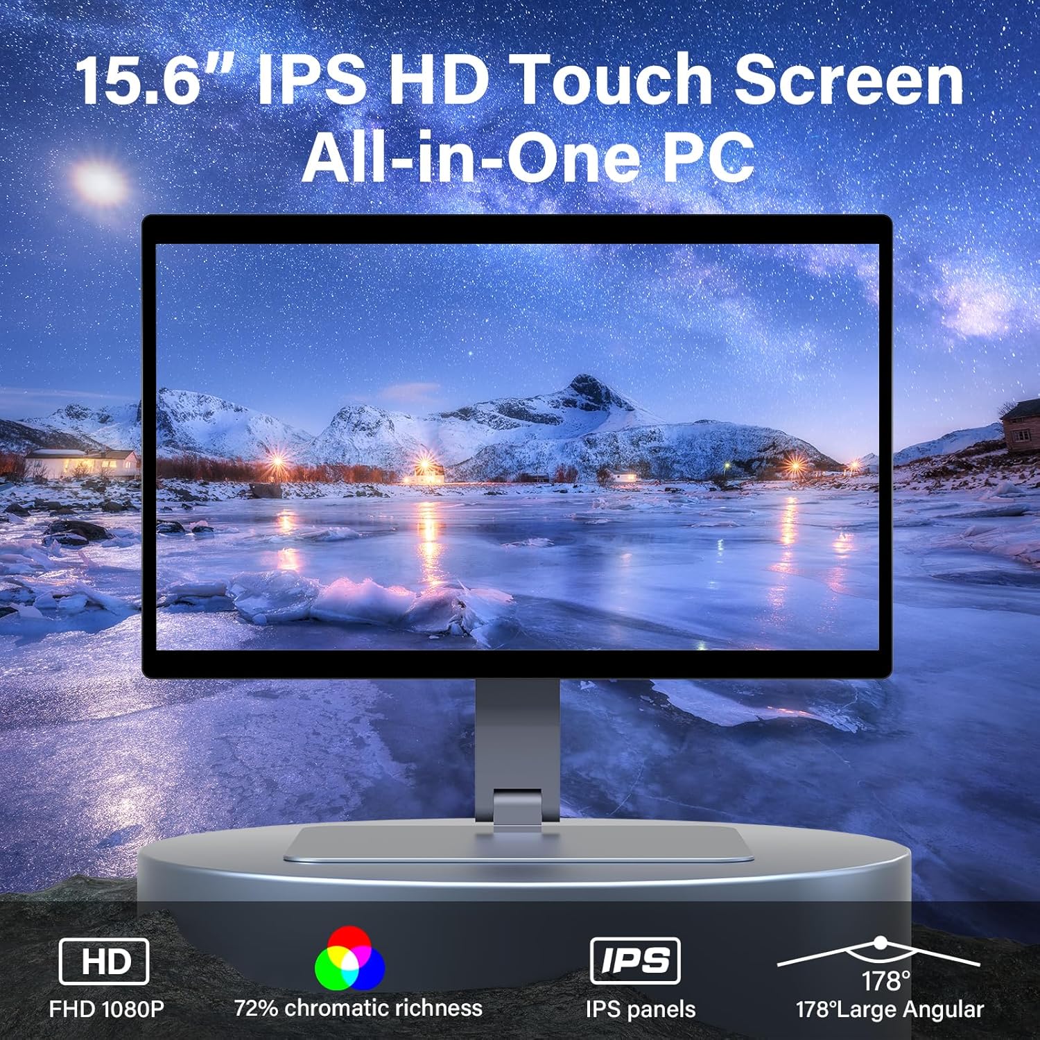 Close-up of the 15.6 inch IPS HD Touch Screen displaying a vibrant landscape.