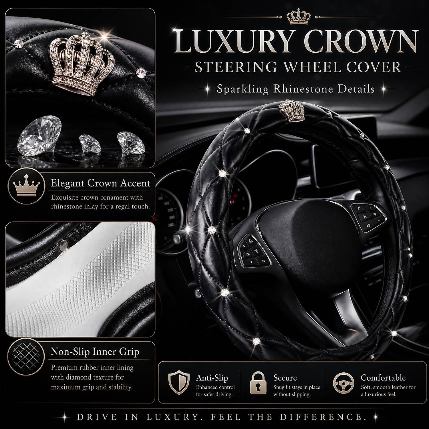 Bling Rhinestone Car Steering Wheel Cover for Women,PU Leather Crystal Diamonds Crown Steering Wheel Covers Non-Slip Universal 15"/38 cm (Crown)
