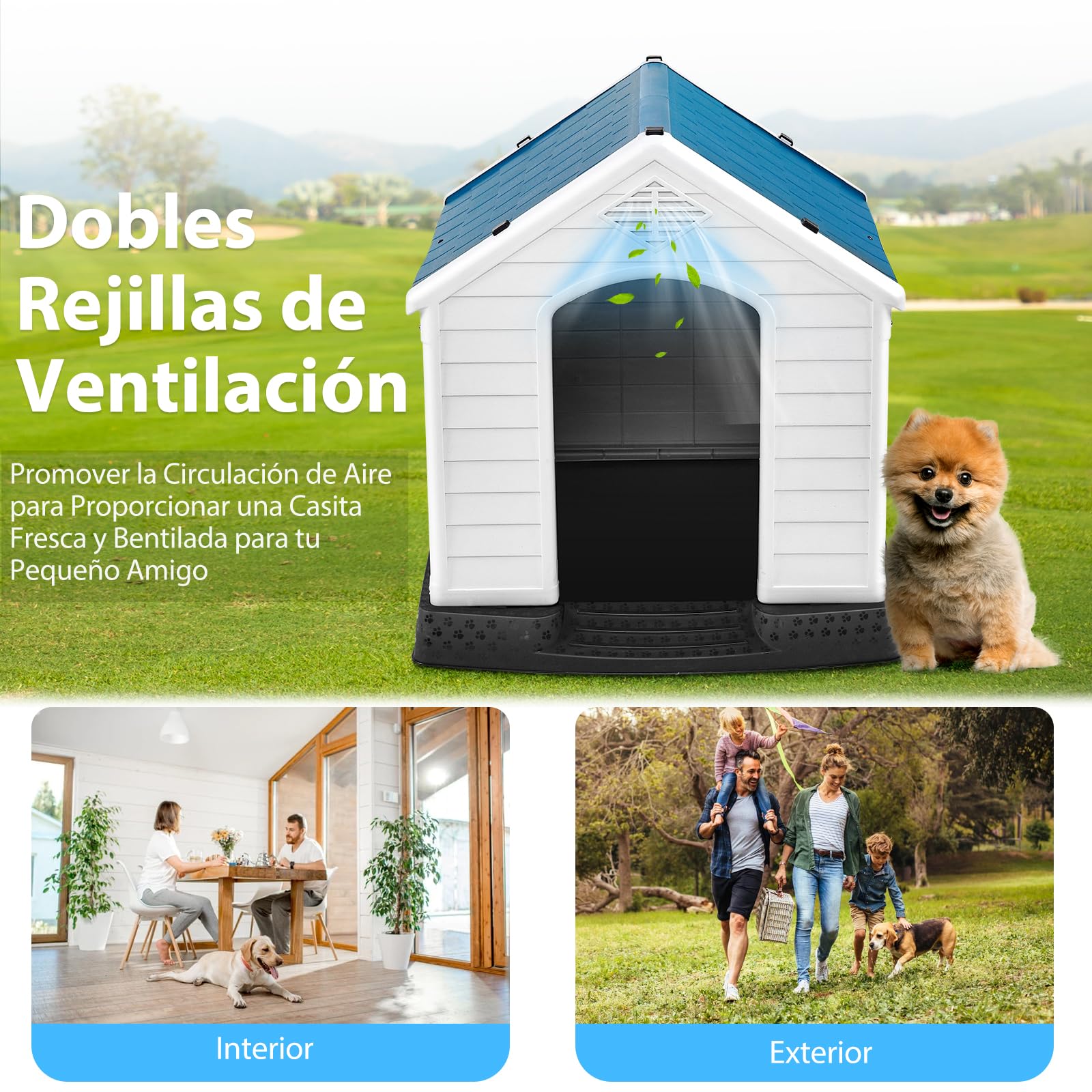 GYMAX Casa Perro, Caseta para Perros Exterior para Pequeños y Medianos, 72,5 x 66 x 70,5 cm con Suelo Elevado, Sistema de Ventilación y Estacas de Anclaje, Blanco + Azul