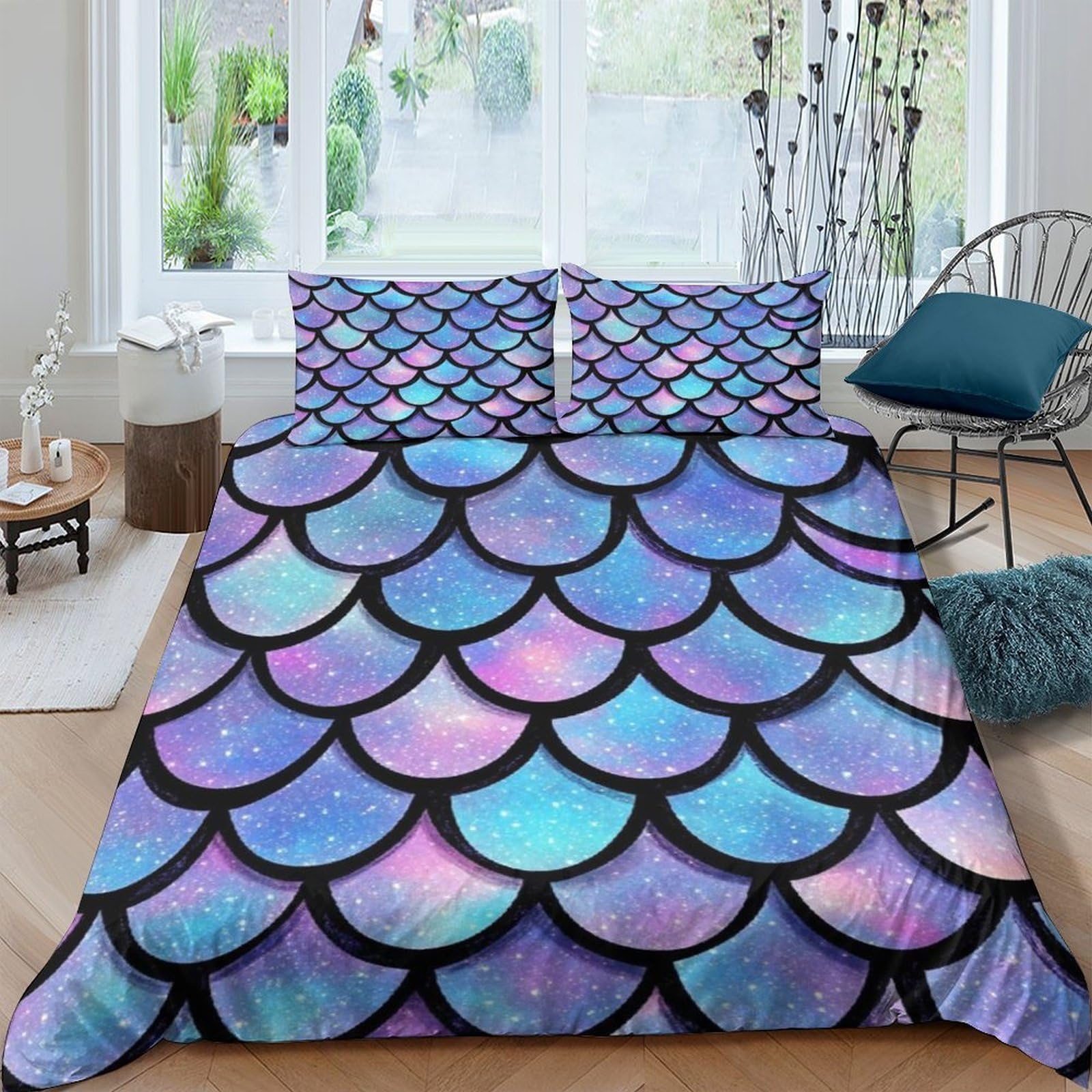 Ctjqhvkz Style-7 3D Printed Iridescent Mermaid Scales Fitted Sheet Microfiber Machine Washable Pastel Mattress Cover Bedroom Decor Single（135X200cm）