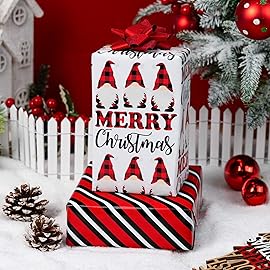 MAYPLUSS Christmas Wrapping Paper Roll, 17 Inch X 16.5 Feet Gift Wrapping Paper Featuring Gnome Merry Christmas Reversible Strip, Thick Wrap Paper for Holiday Party New Year Kids