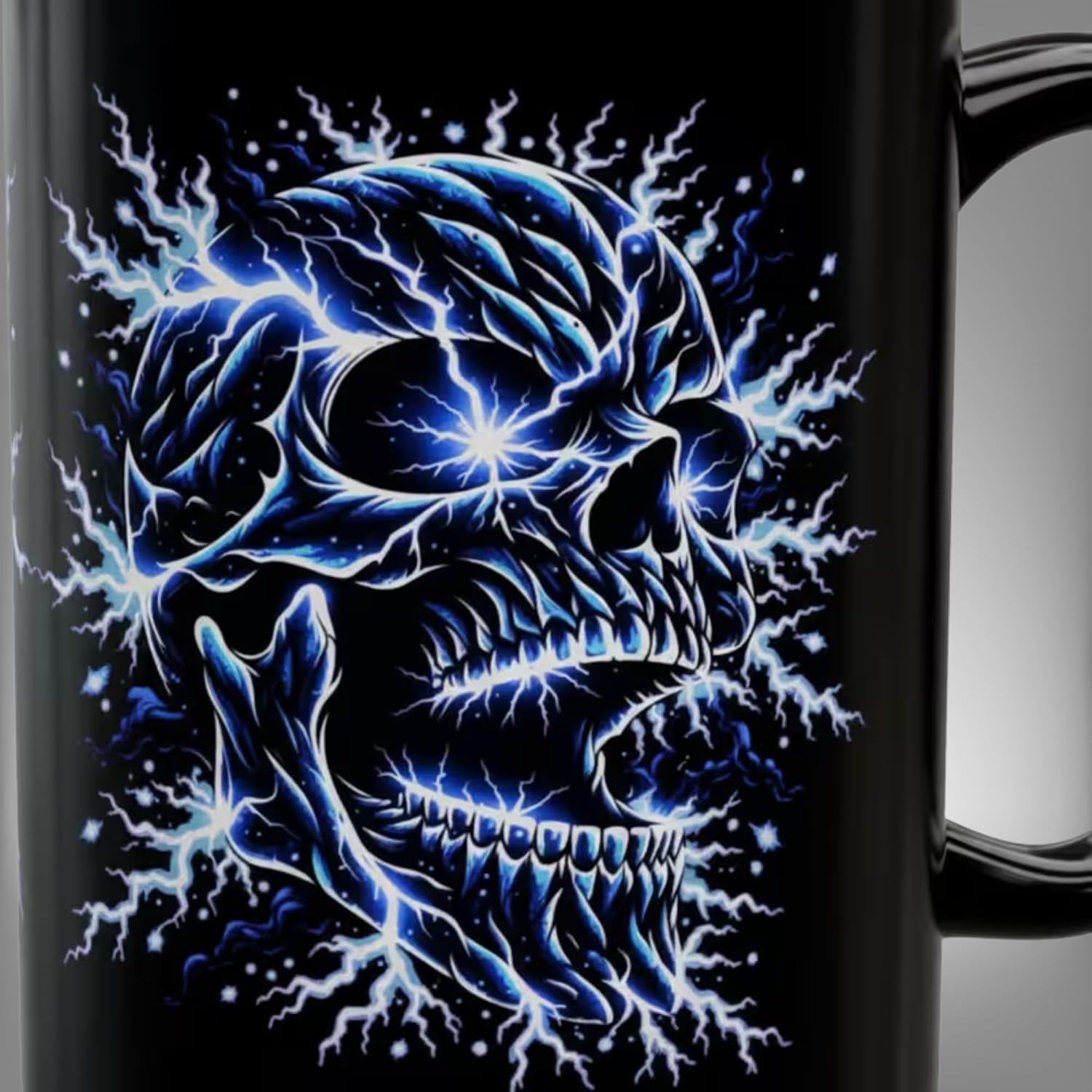 Skull Coffee Mug – Lightning Gothic Design Coffee Cup, 15 oz Black Ceramic Mug, Unique Gift for Men Women