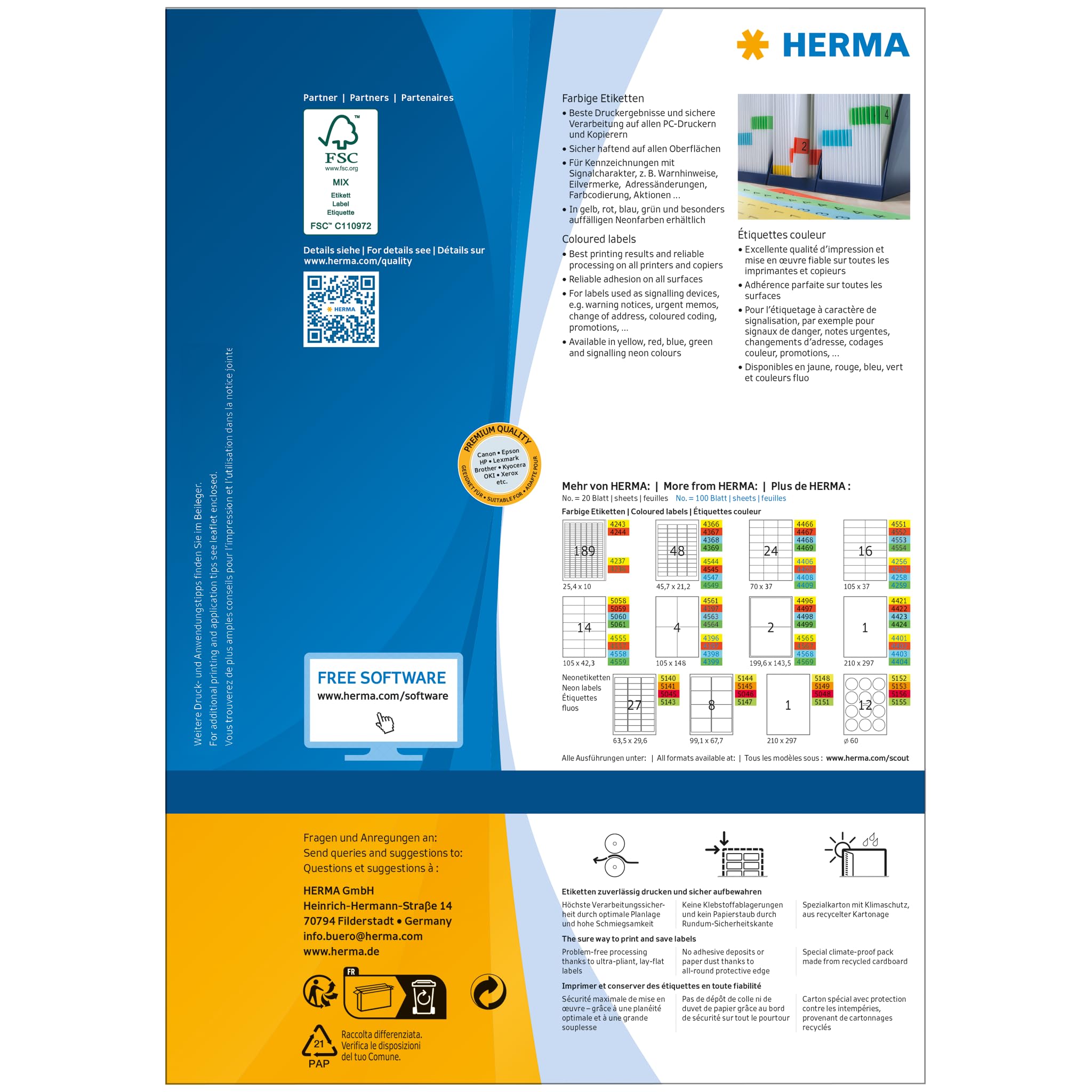HERMA Etichette per Marcatura, 210 x 297 mm, Etichette Adesive A4 per Stampante, 1 Etichette per Foglio, Blu