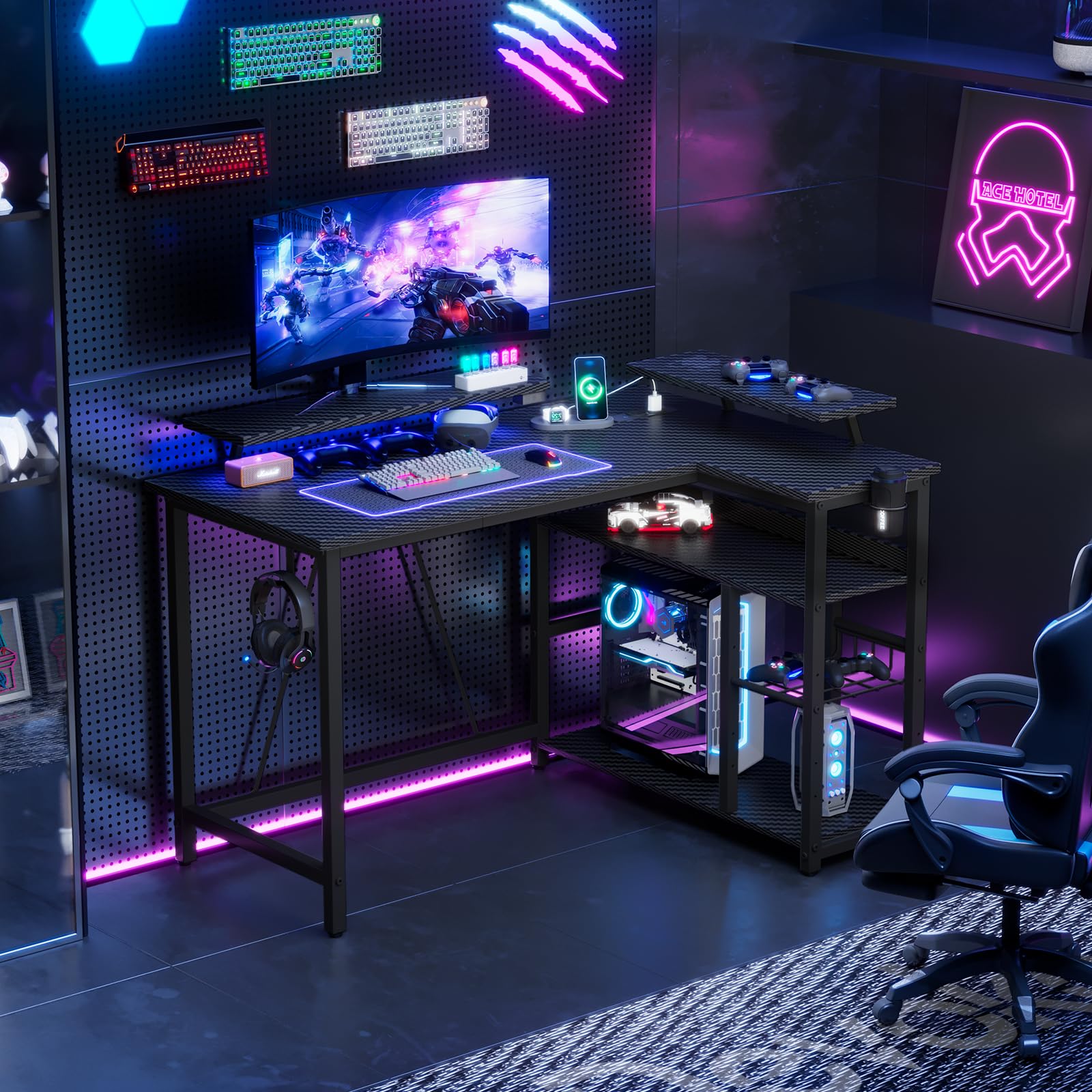 Devoko Bureau Gaming, L-Shape 120x80cm avec Double Support Écran, LED, Plateau Réglable et Fibre de Carbone Noir