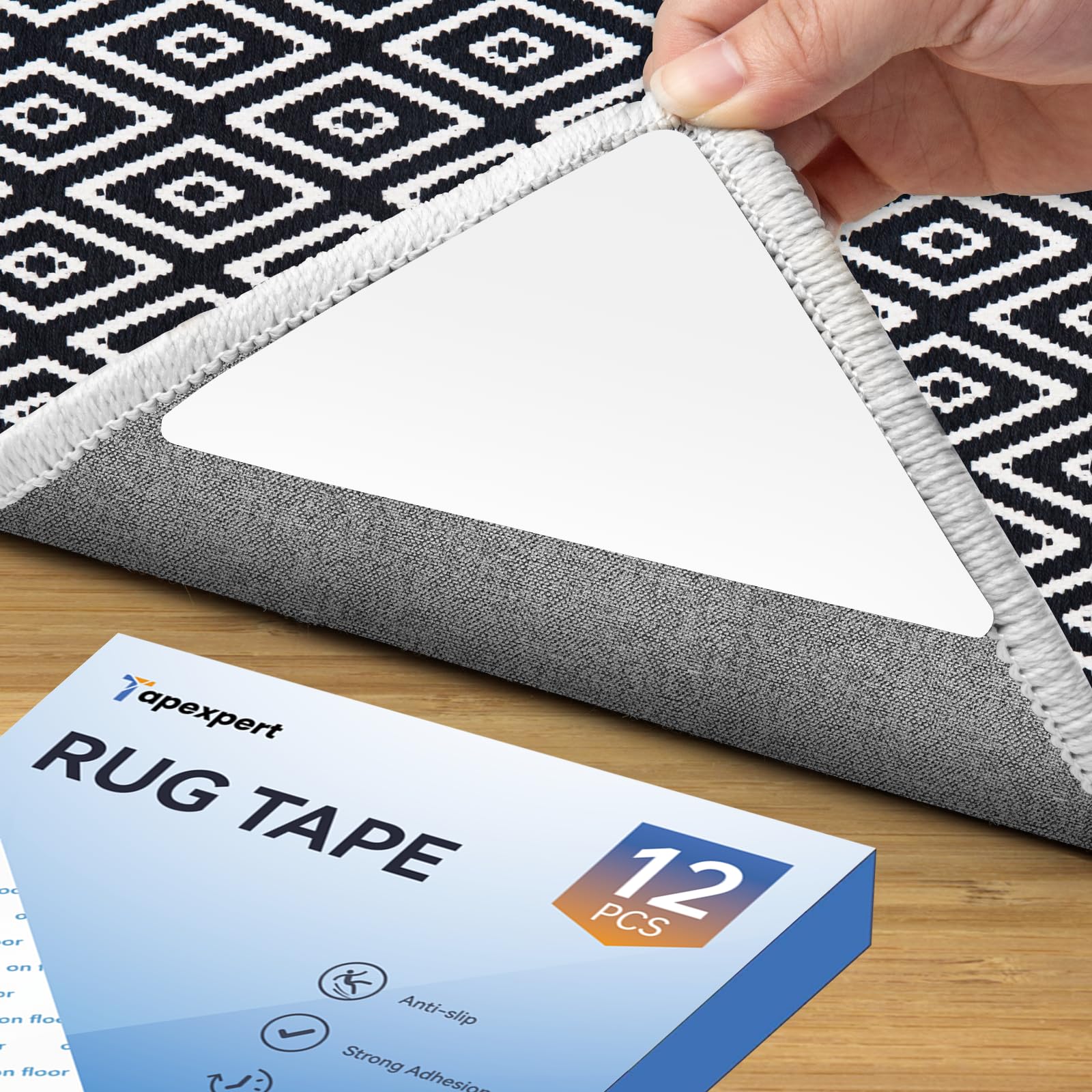 12 PCS Rug Tape, Rug Pad Gripper for Hardwood Floors, Double Sided Adhesive Carpet Tape, Reusable Anti Slip Rug Grips for Area Rugs to Keep Rug Corners Flat