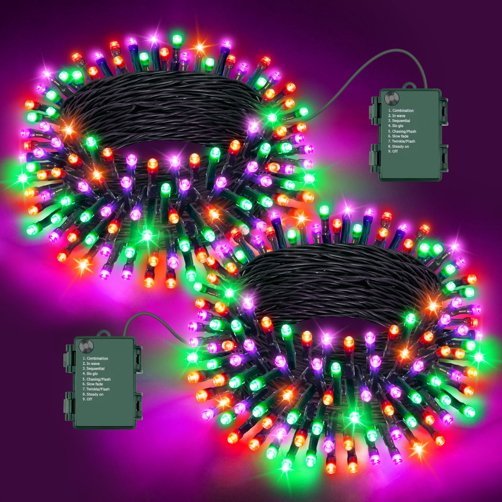 FFZZKJ Halloween Lights Outdoor 8 Modes Total 100 LED with Timer Waterproof 16.4Ft*2, 50LED*2 Fairy Lights Battery Operated for Halloween Decorations, Orange&Purple&Green