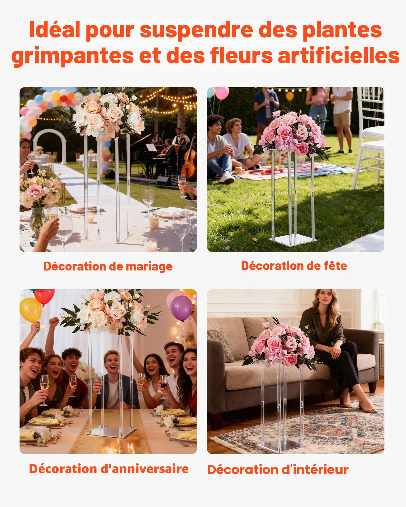 VEVOR Support Fleur Mariage Colonne Lot de 10 Support Fleur Centre de Table Mariage Acrylique 50 cm Présentoir Floral pour Fêtes, Anniversaires, Déco Intérieure, Pieds Cylindre Panneaux Transparents