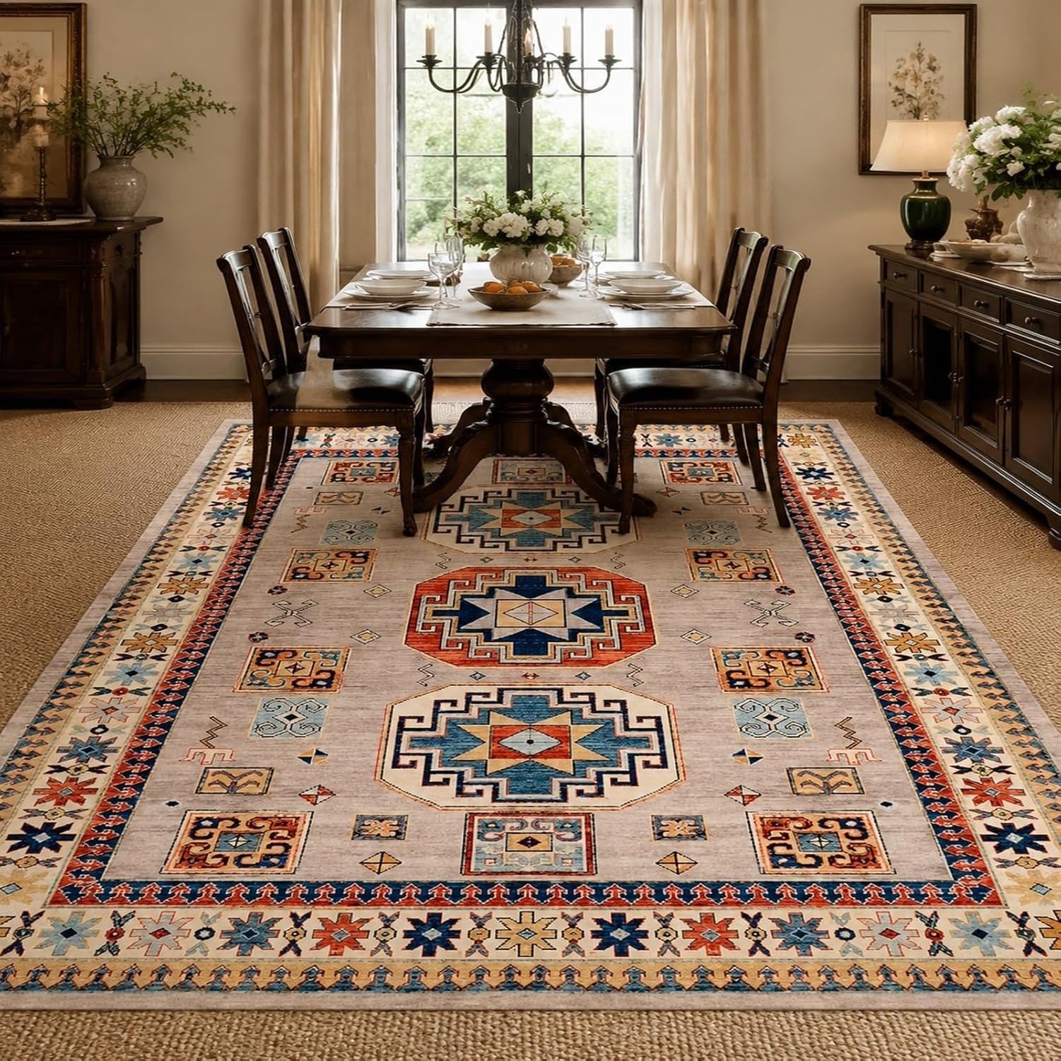 Tapis Lavable Geometrique Vintage Salon, Beige, 160x230 cm (Rectangulaire)