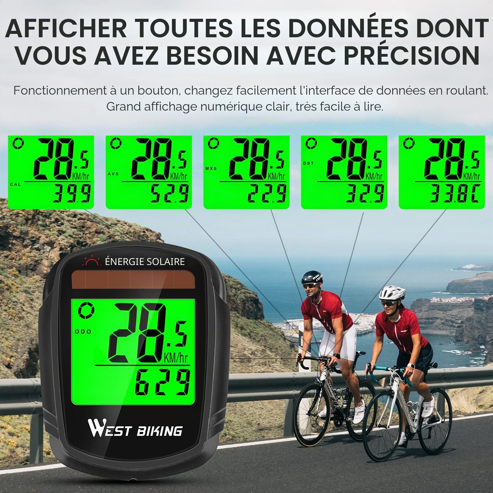 Compteur de vélo avec Compteur de Vitesse et odomètre à énergie Solaire sans Fil étanche LCD rétro-éclairage Automatique et Multifonction