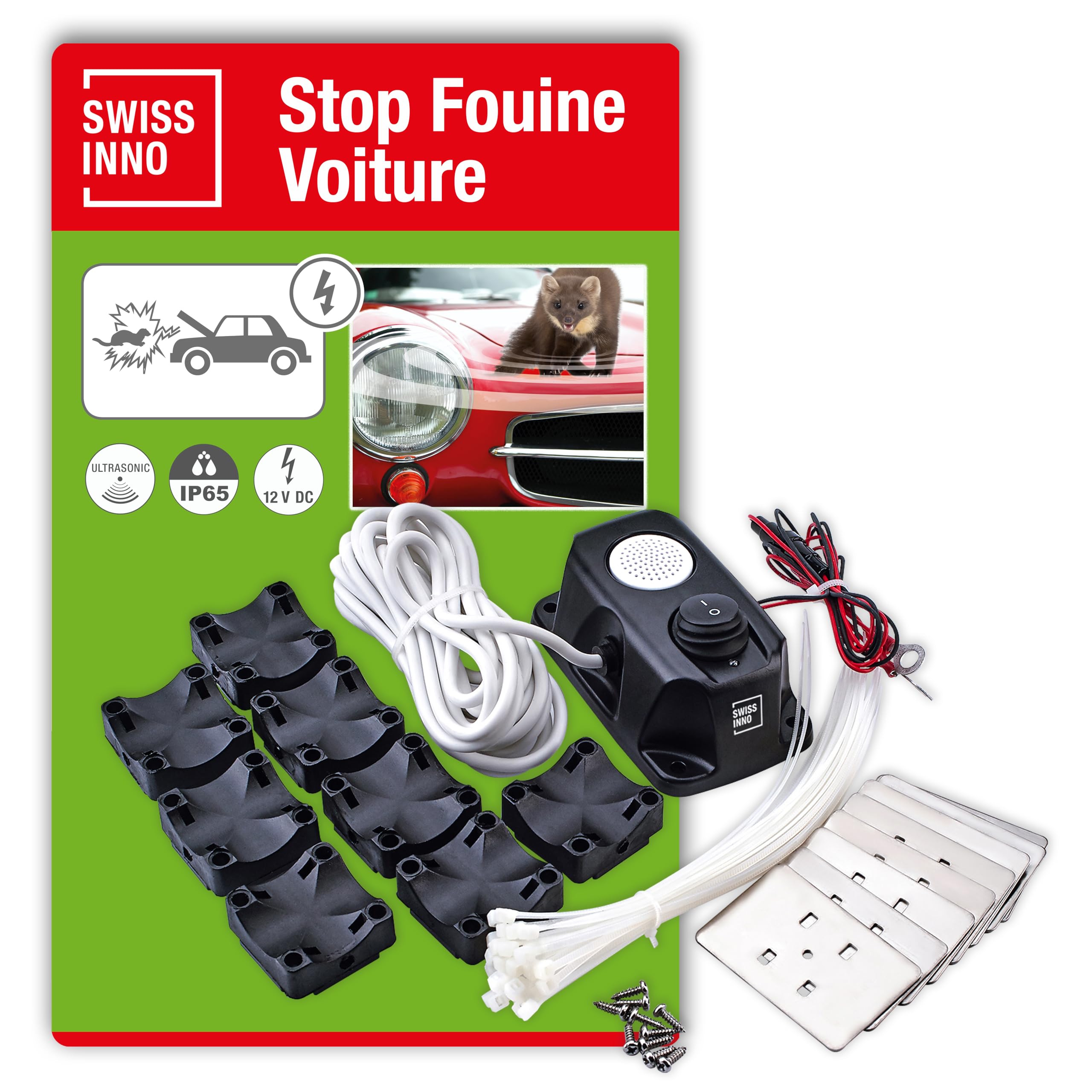 SWISSINNO Anti-Martres de Voiture, Ultrason Anti Rongeur pour Voiture Martres Repeller Repulsif Parfait pour Fouine Grenier, Maison, Jardin, Garage, Alimentation 12V Connexion à La Batterie de Voiture