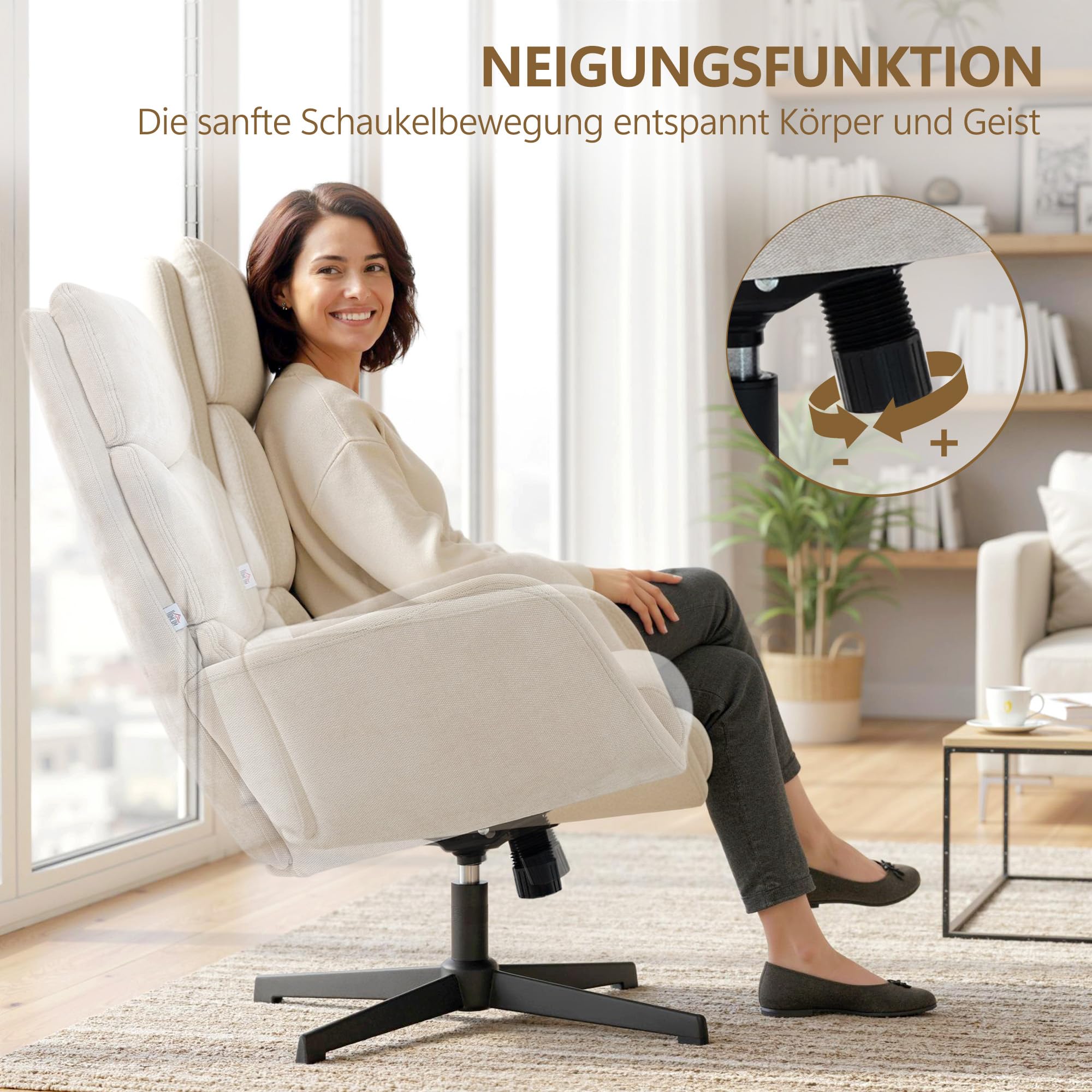 HOMCOM Relaxsessel mit Hocker mit Hoher Rückenlehne Wippfunktion Beige