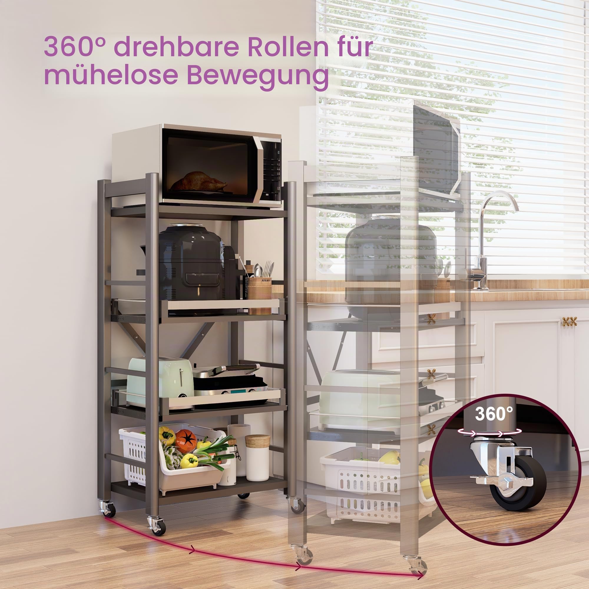4-Etagen Küchenregal stehend, 2 ausziehbare Ablagen, Mikrowellenregal | 2 Schubladen mit verstellbaren Positionen, Für Airfryer und Küchengeräte, 4 Rollen, Freistehend, Platzsparend,60cmx125cm