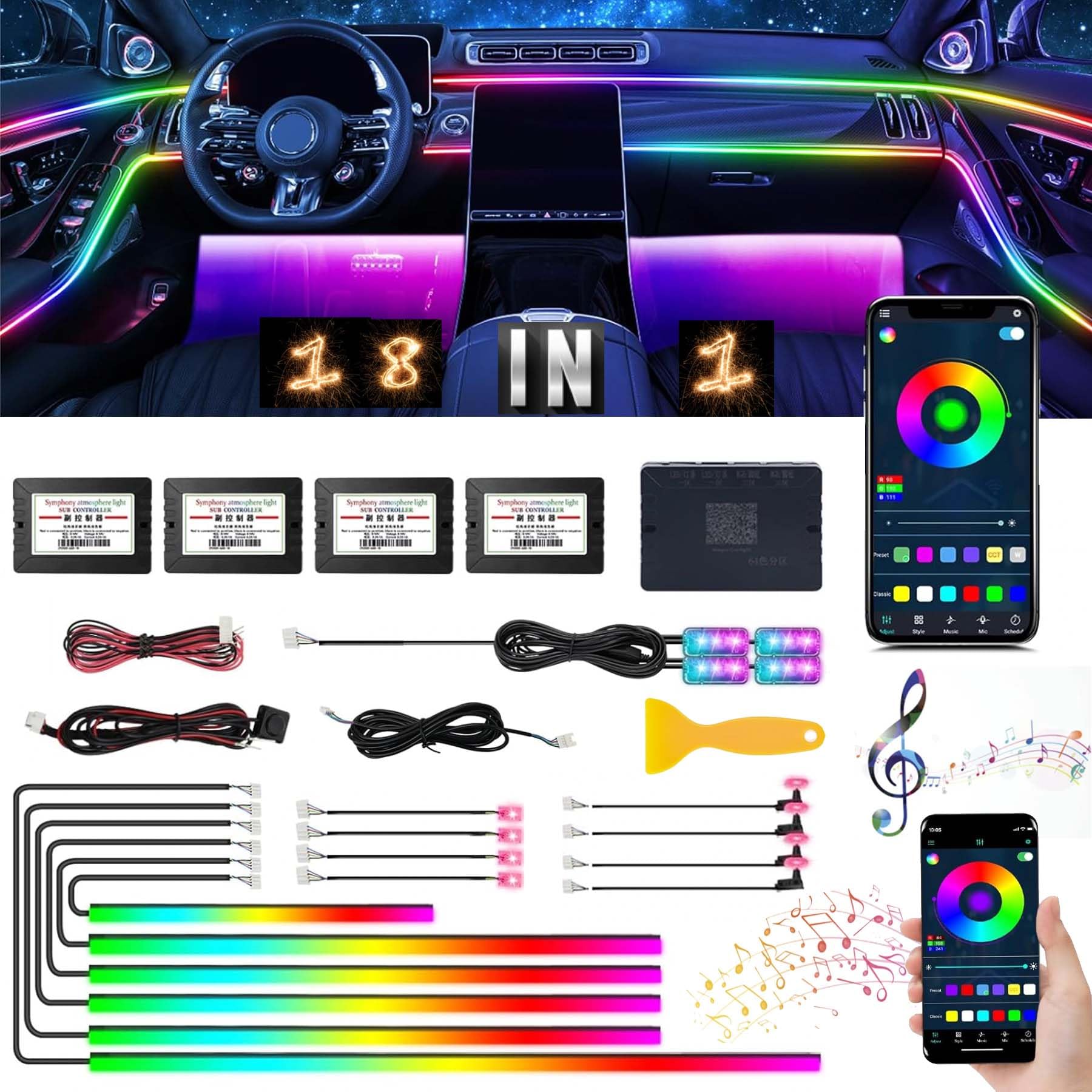 Sunshine smile Auto LED Innenbeleuchtung,6M/ 18 in 1 RGB Auto Innenraumbeleuchtung,App+Fernbedienung Control steuerbare Innenbeleuchtung Laser,Mehrfarbige Ambientebeleuchtung(Farbe)