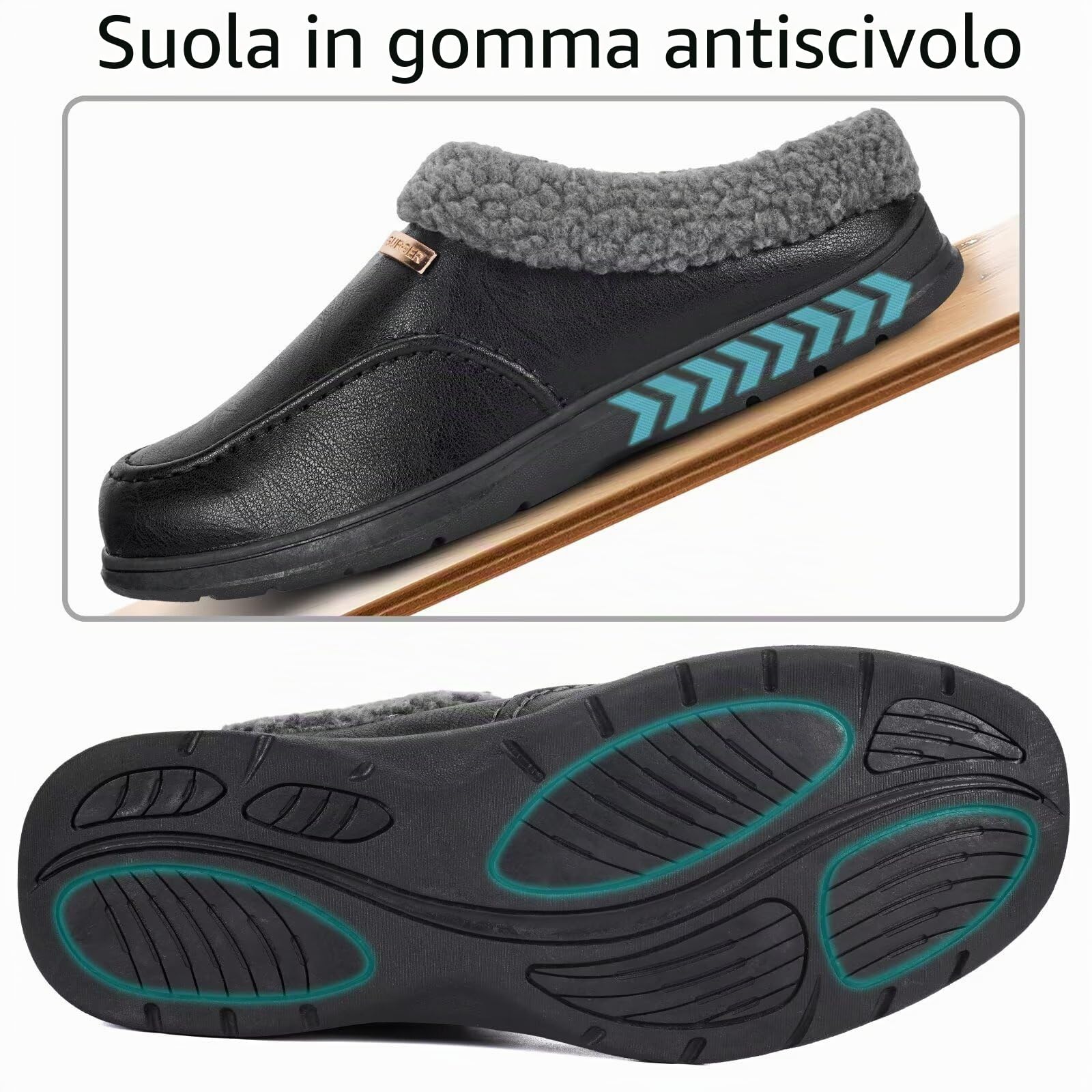 Pantofole Uomo Pelle Invernali Fodera Calda Zoccoli e Sabot Antiscivolo Comode Peluche Ciabatte da Casa
