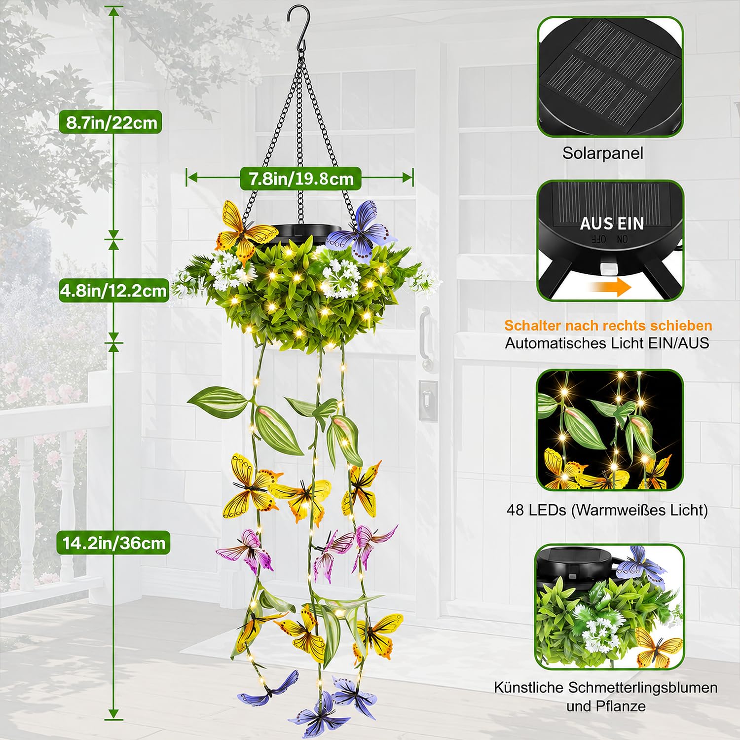 Gresonic 2er Solar künstliche pflanzen außen, efeu lichterkette 48 LEDs IP65 wasserdicht, solarlampen balkon, Kunstpflanzen warmweißen outdoor für Garten, Balkon Terrassen deko