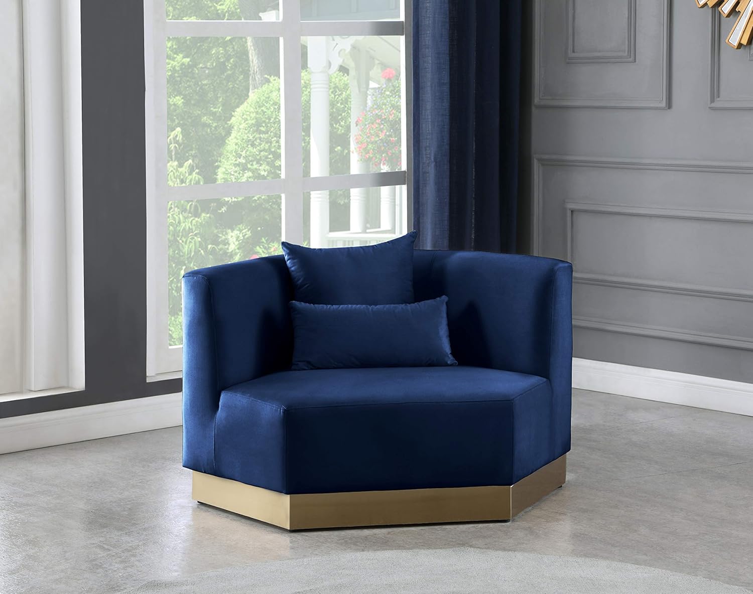 Meridian Furniture Marquis Collection Modern | Contemporary Velvet Upholstered Chair with Stainless Steel Base in Brushed Gold Finish, 47.75" W x 38" D x 29" H, Navy