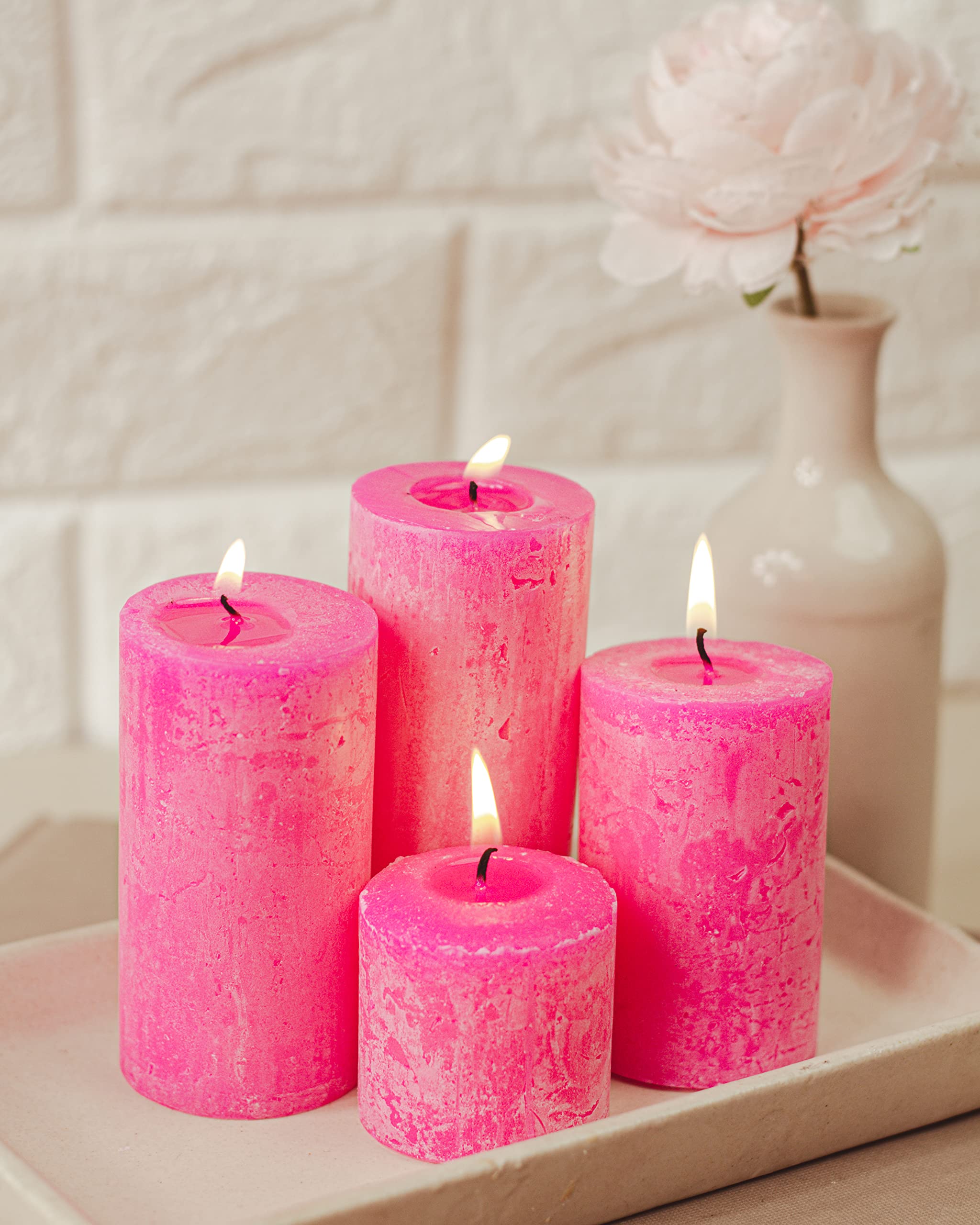 Auradecor Set of 4 Pillar Candles Marble Finish Rose Fragrance (Size 2 * 1.8 2 * 2.5 2 * 3.8 2 * 4.2Inch)